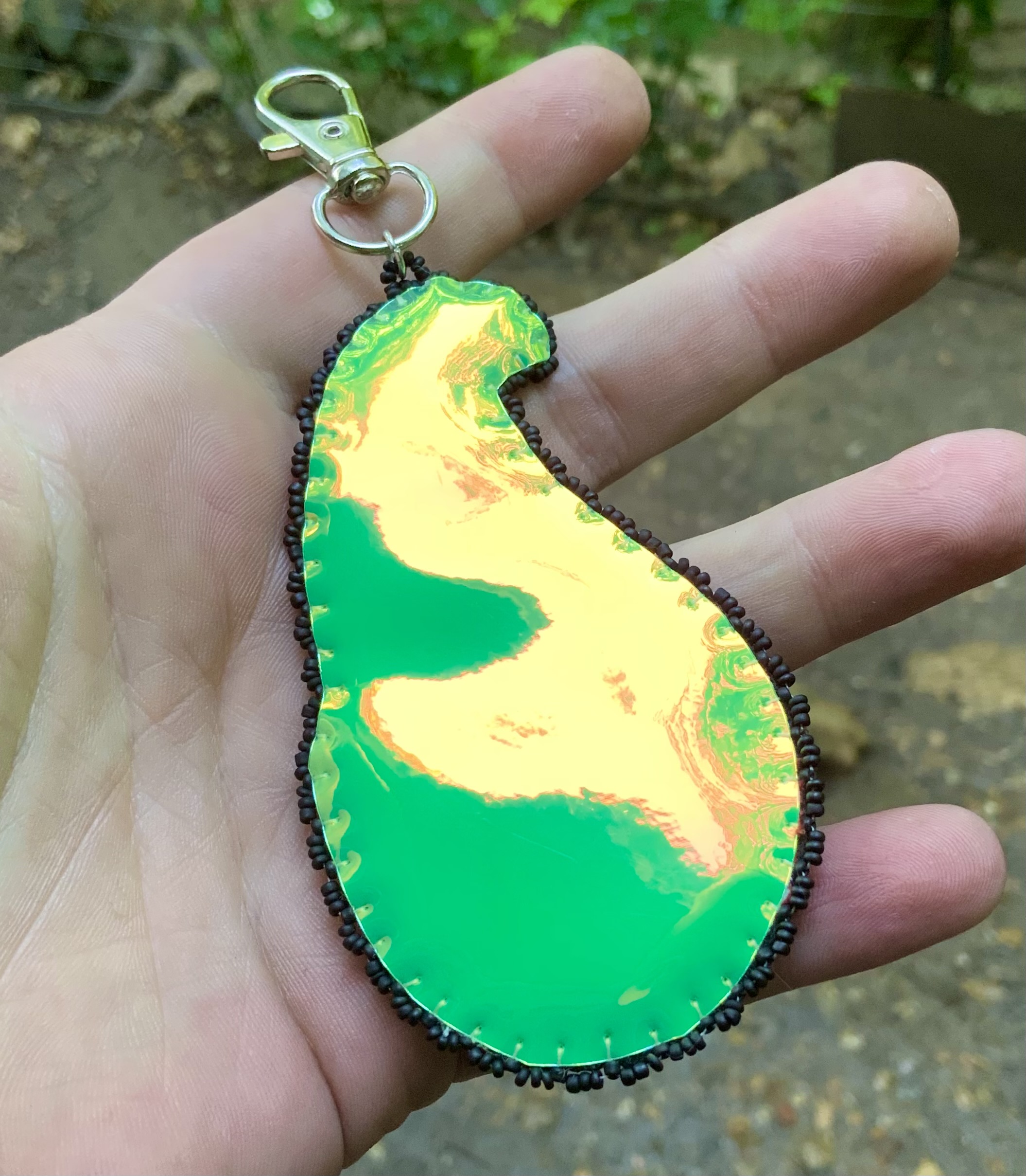 Green gold hybrid beaded and embroidered charm
