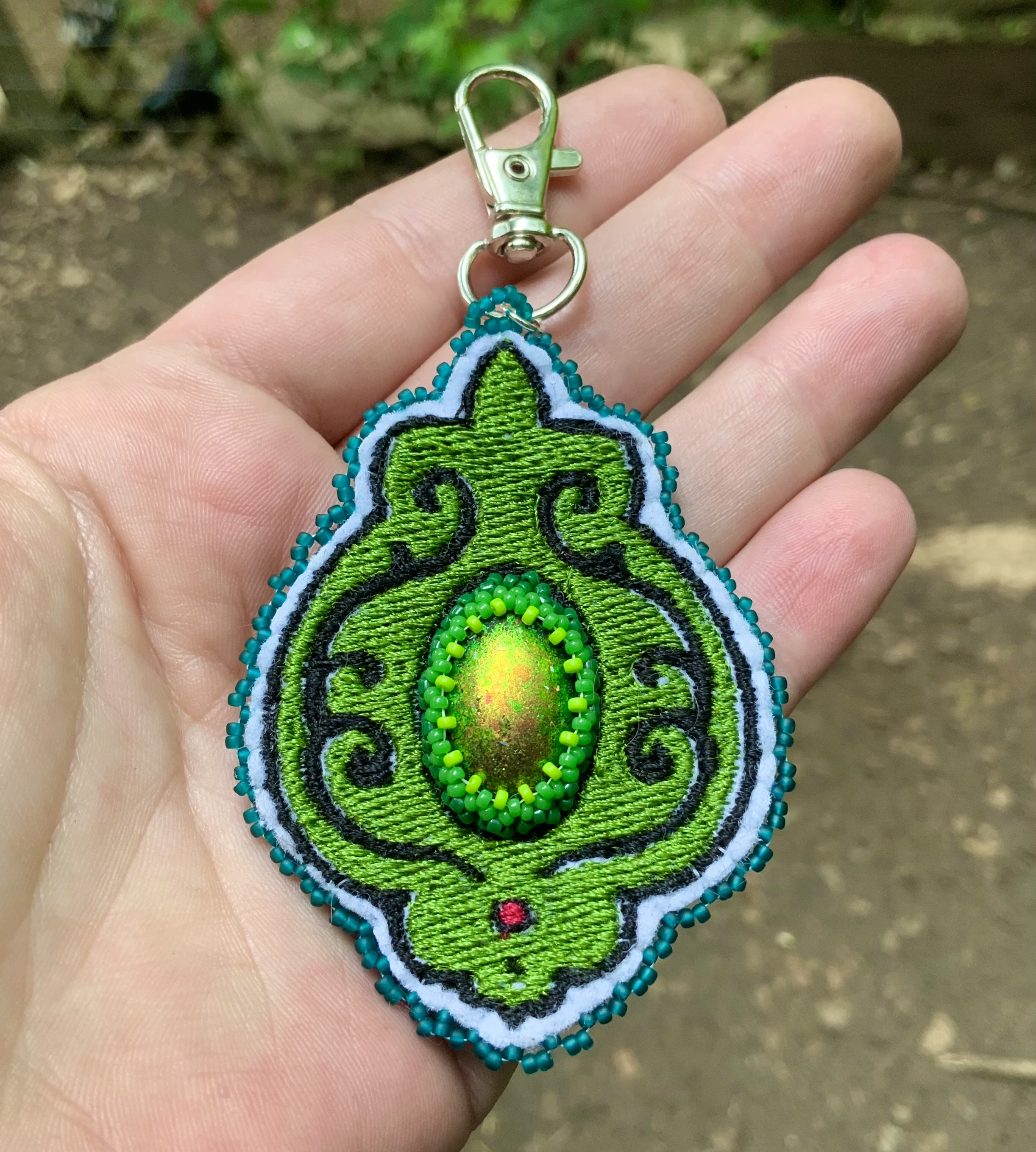 Green swirl hybrid beaded and embroidered charm