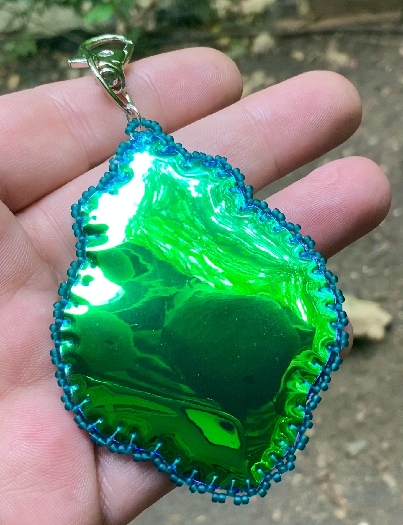 Green swirl hybrid beaded and embroidered charm