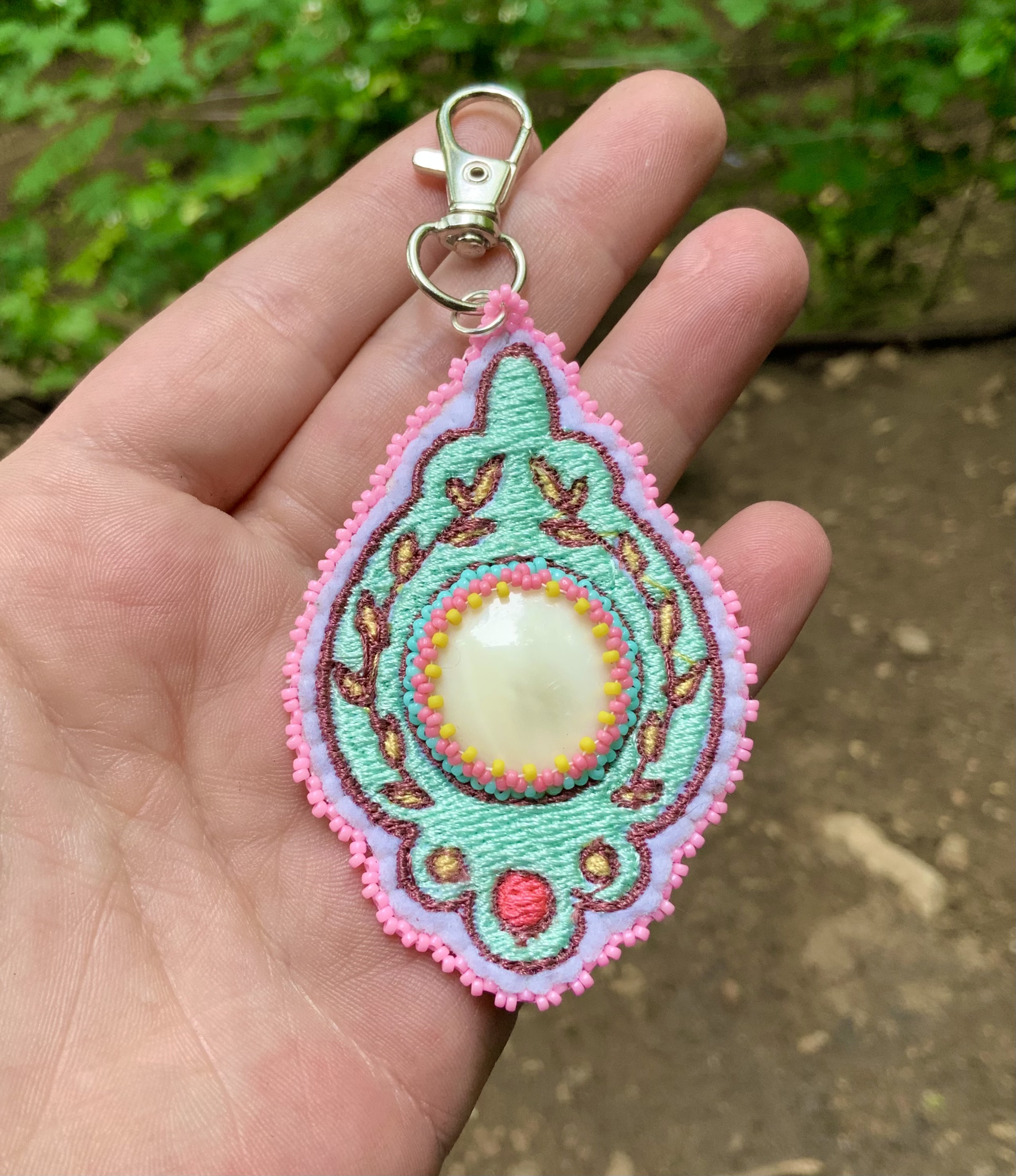 Pink and seafoam green hybrid beaded and embroidered charm