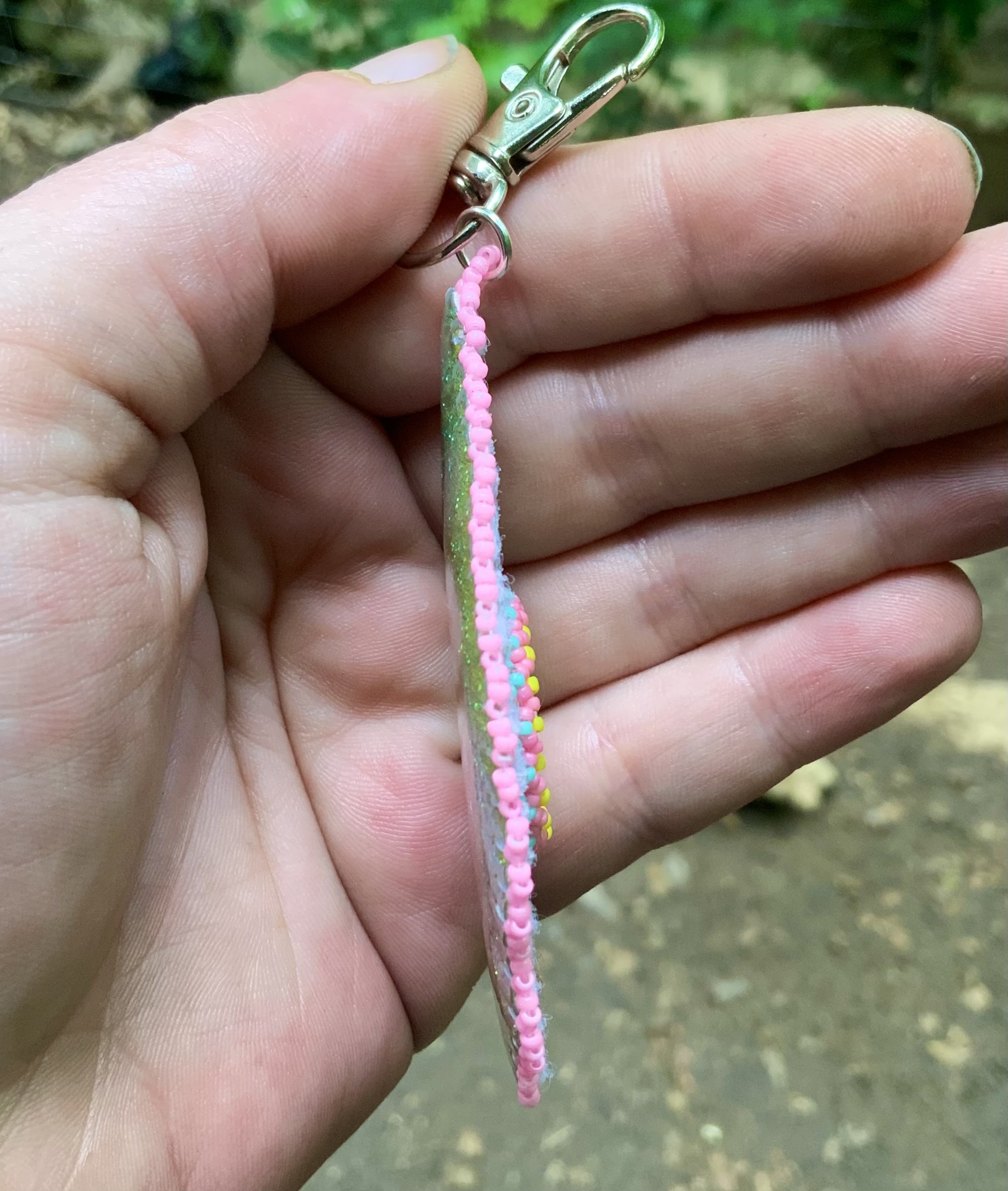 Pink and seafoam green hybrid beaded and embroidered charm