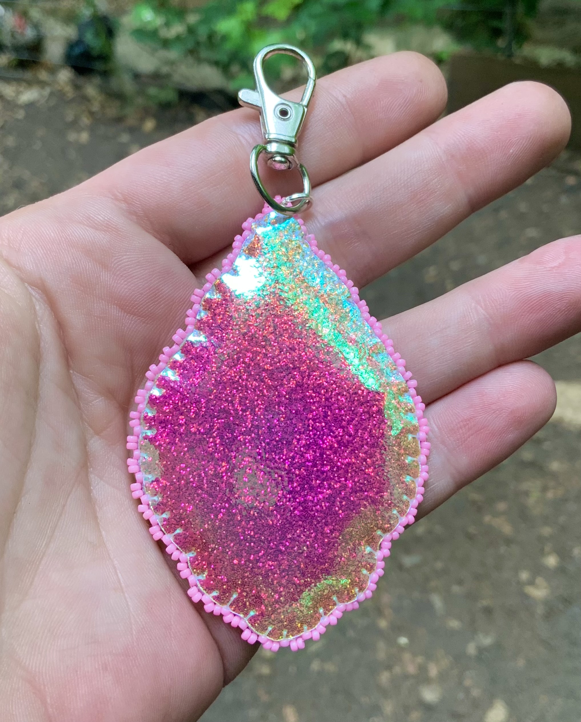 Pink and seafoam green hybrid beaded and embroidered charm