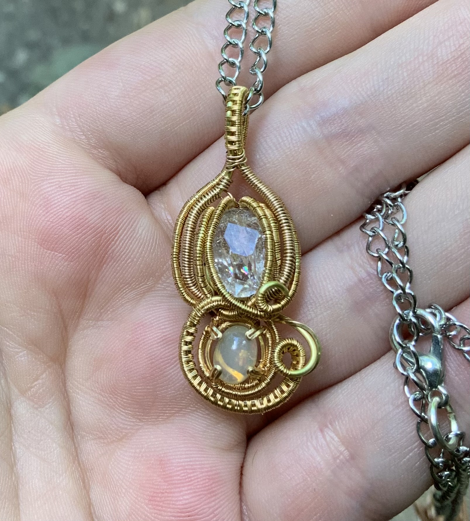 Herkimer diamond and opal wire wrapped brass pendant