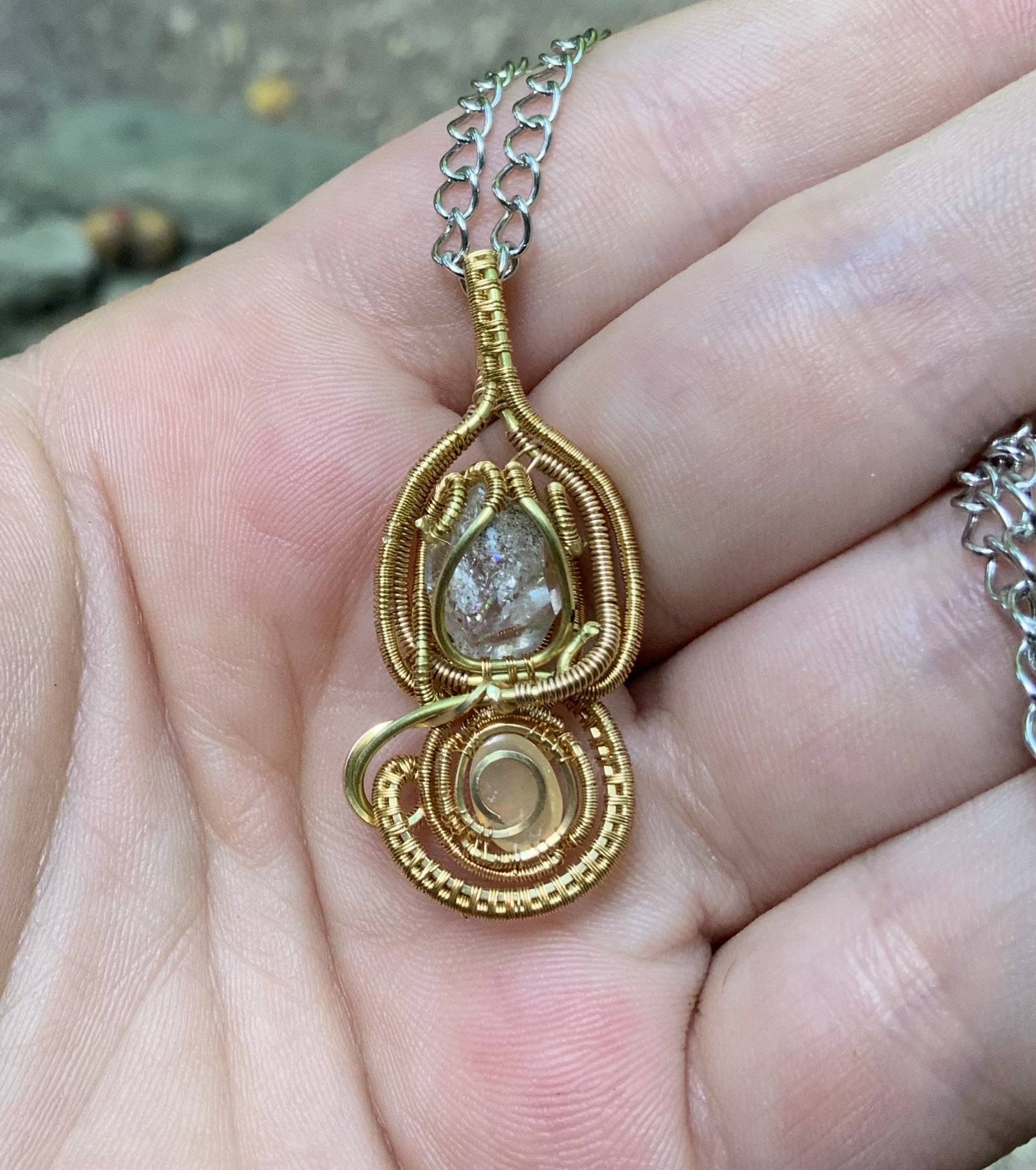 Herkimer diamond and opal wire wrapped brass pendant