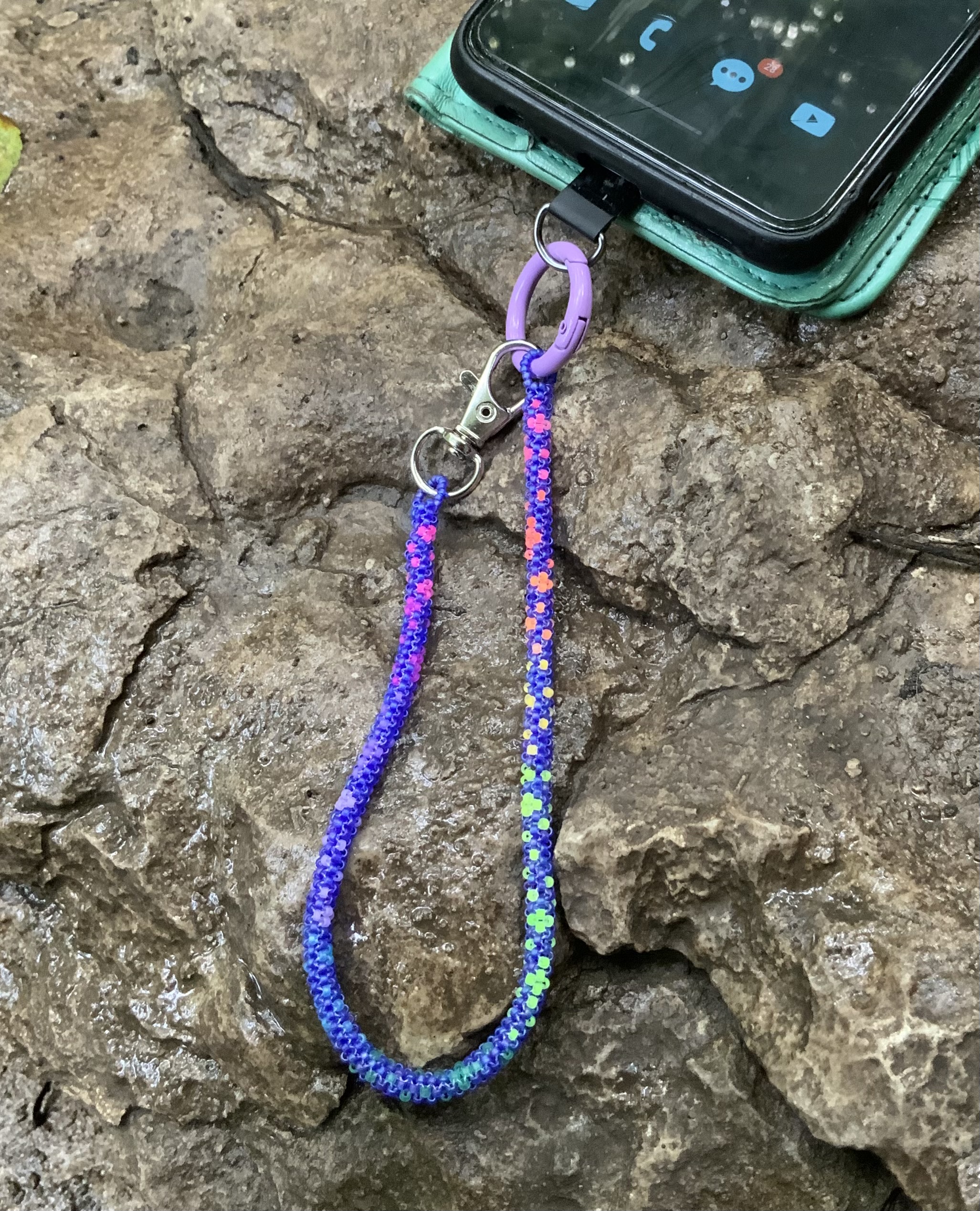 Peacock blue rainbow ombré beaded phone wristlet