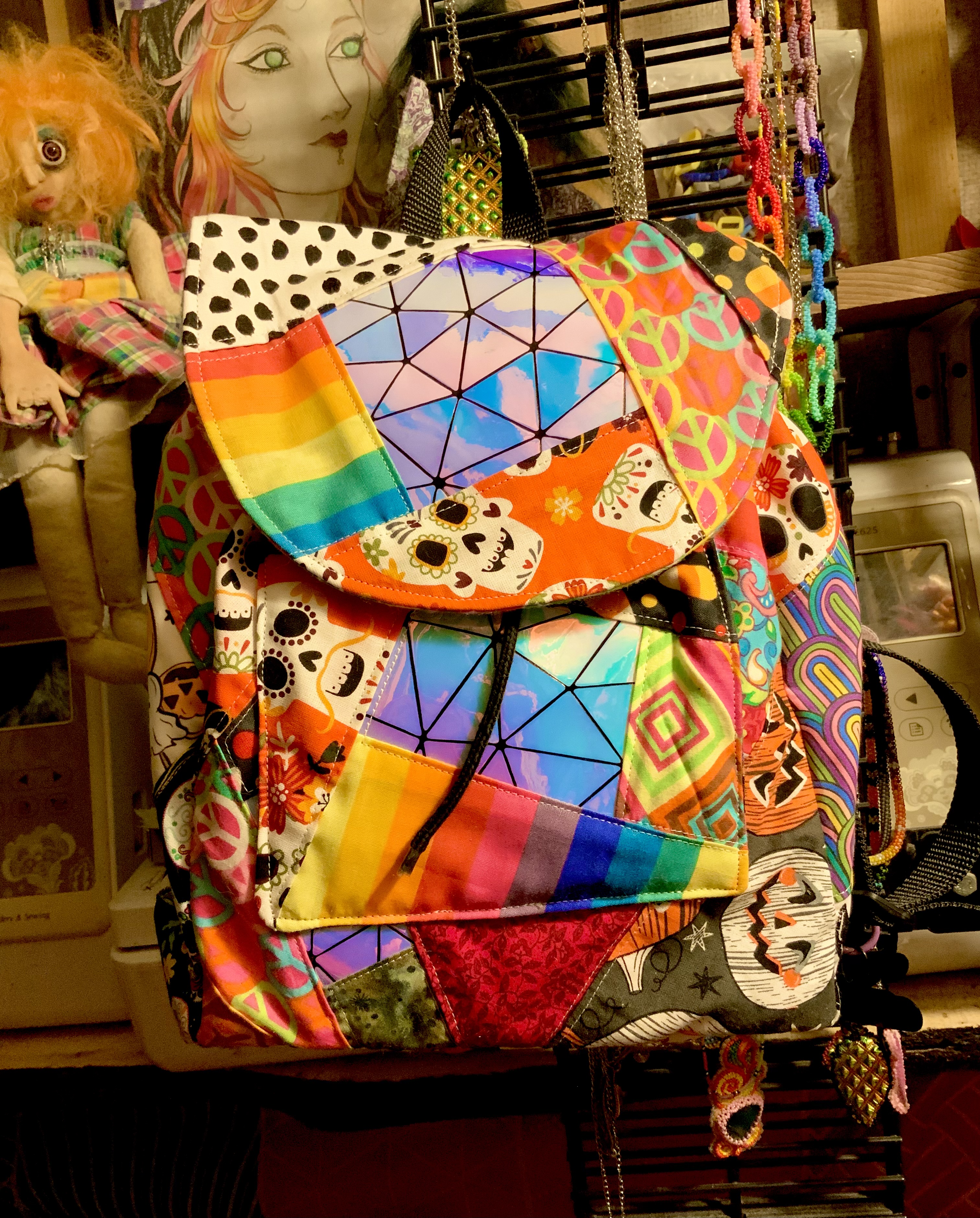 Spoopy rainbow Halloween patchwork mini backpack 