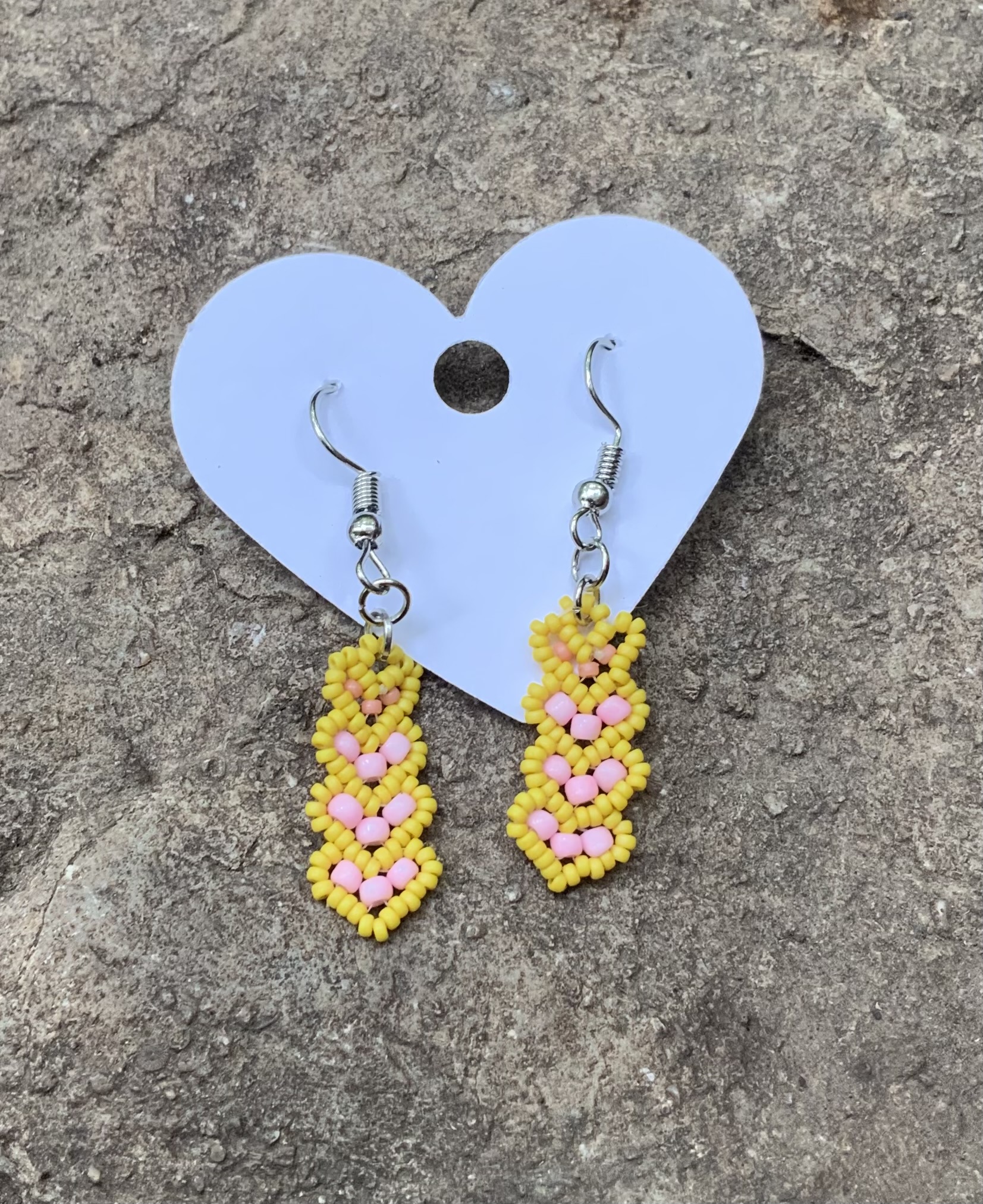 Golden pink beaded heart earrings