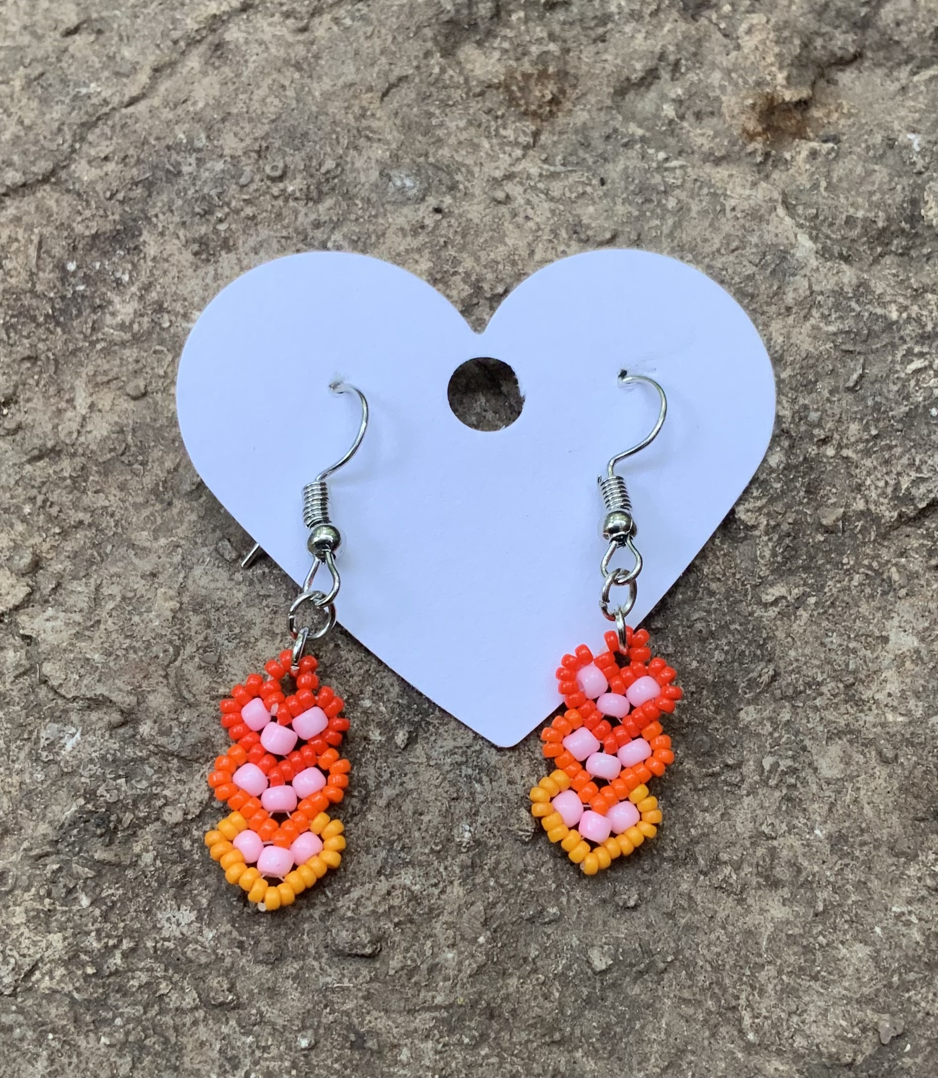 Orange ombré beaded heart earrings