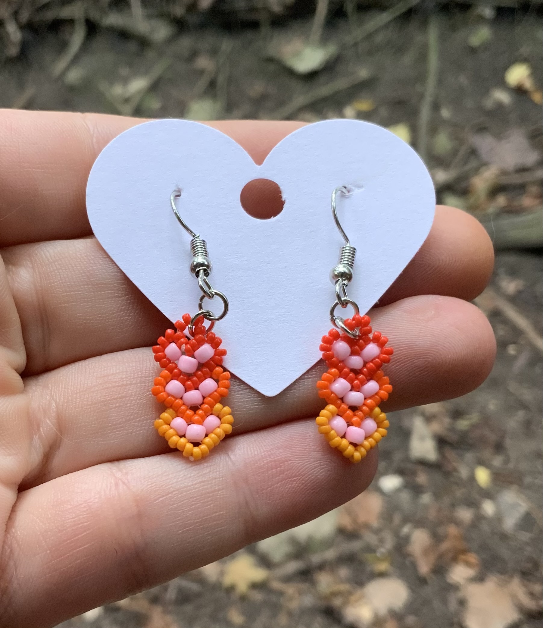 Orange ombré beaded heart earrings