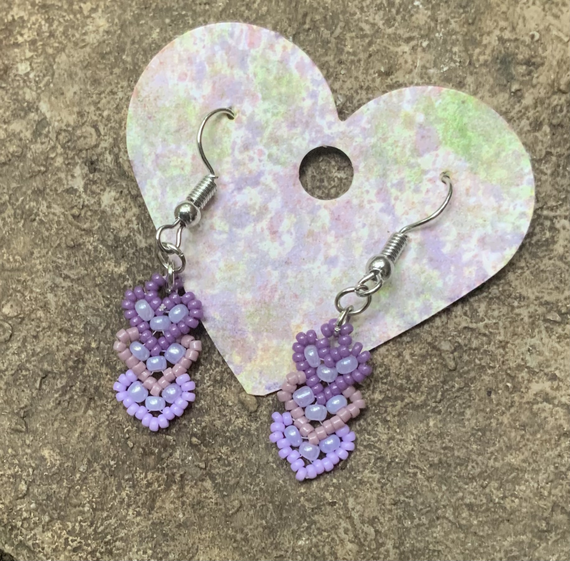 Purple ombré beaded heart earrings
