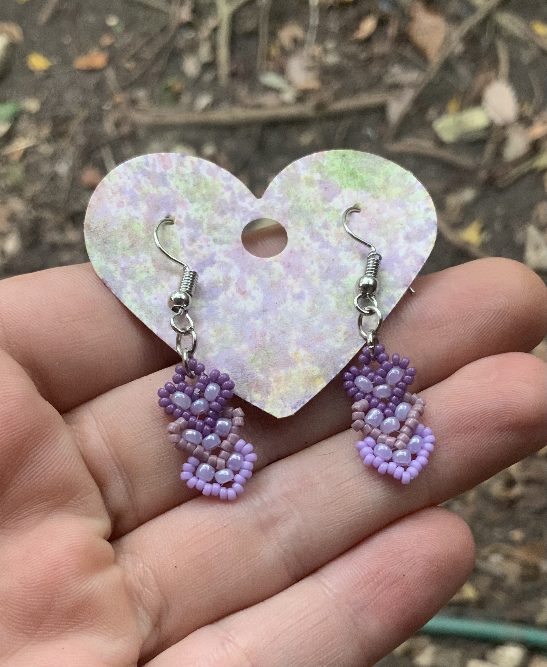 Purple ombré beaded heart earrings