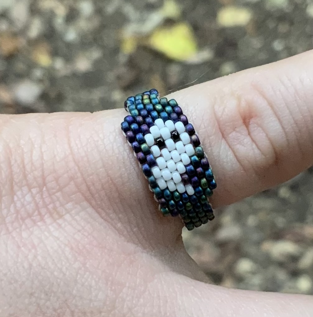 Gourd stitched beaded dark iridescent ghost ring