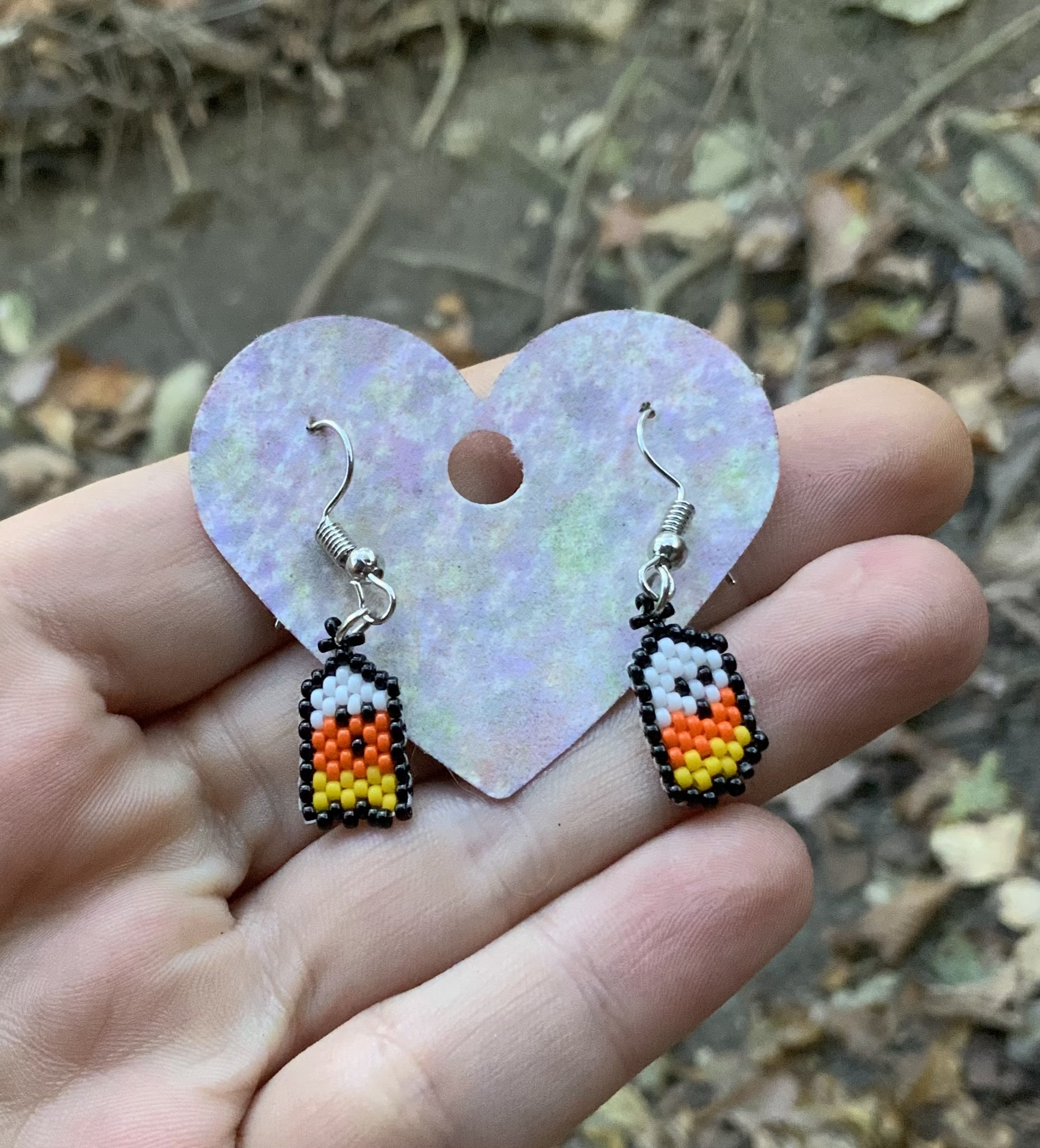 Candy corn Halloween beaded ghost earrings 
