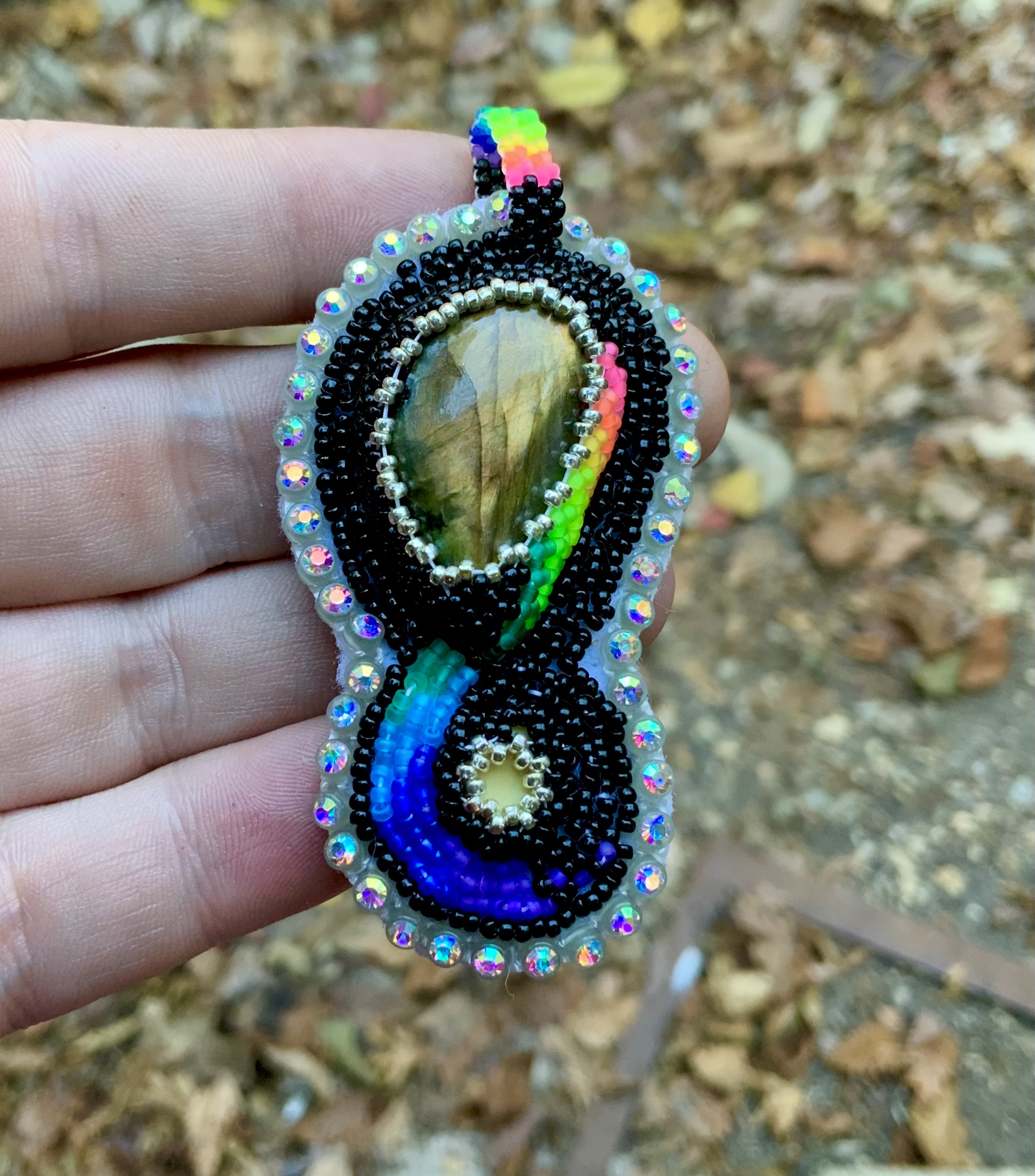 Rainbow swoop labradorite and Ethiopian opal beaded amulet