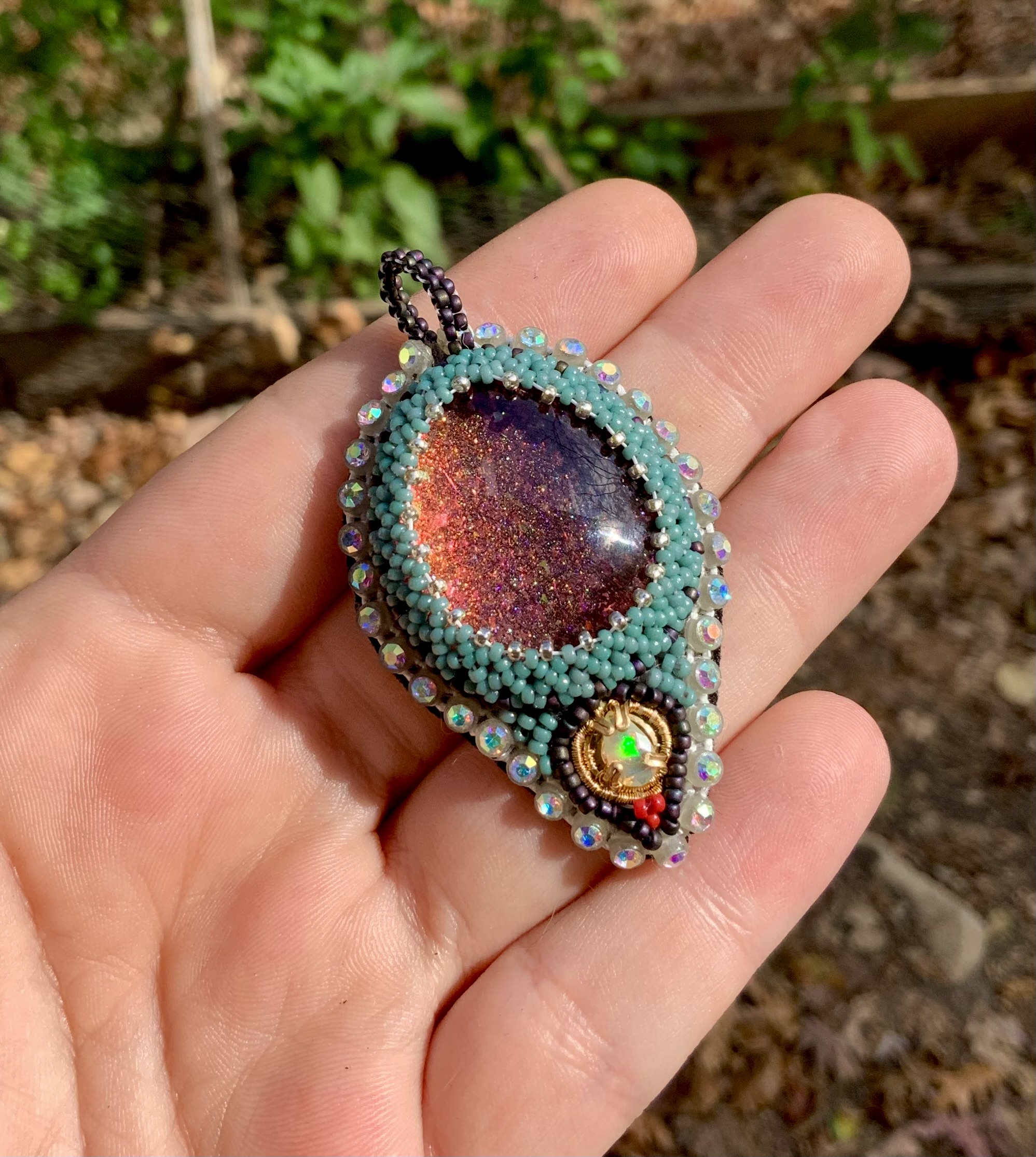 Fire sage glow in the dark beaded amulet with opal
