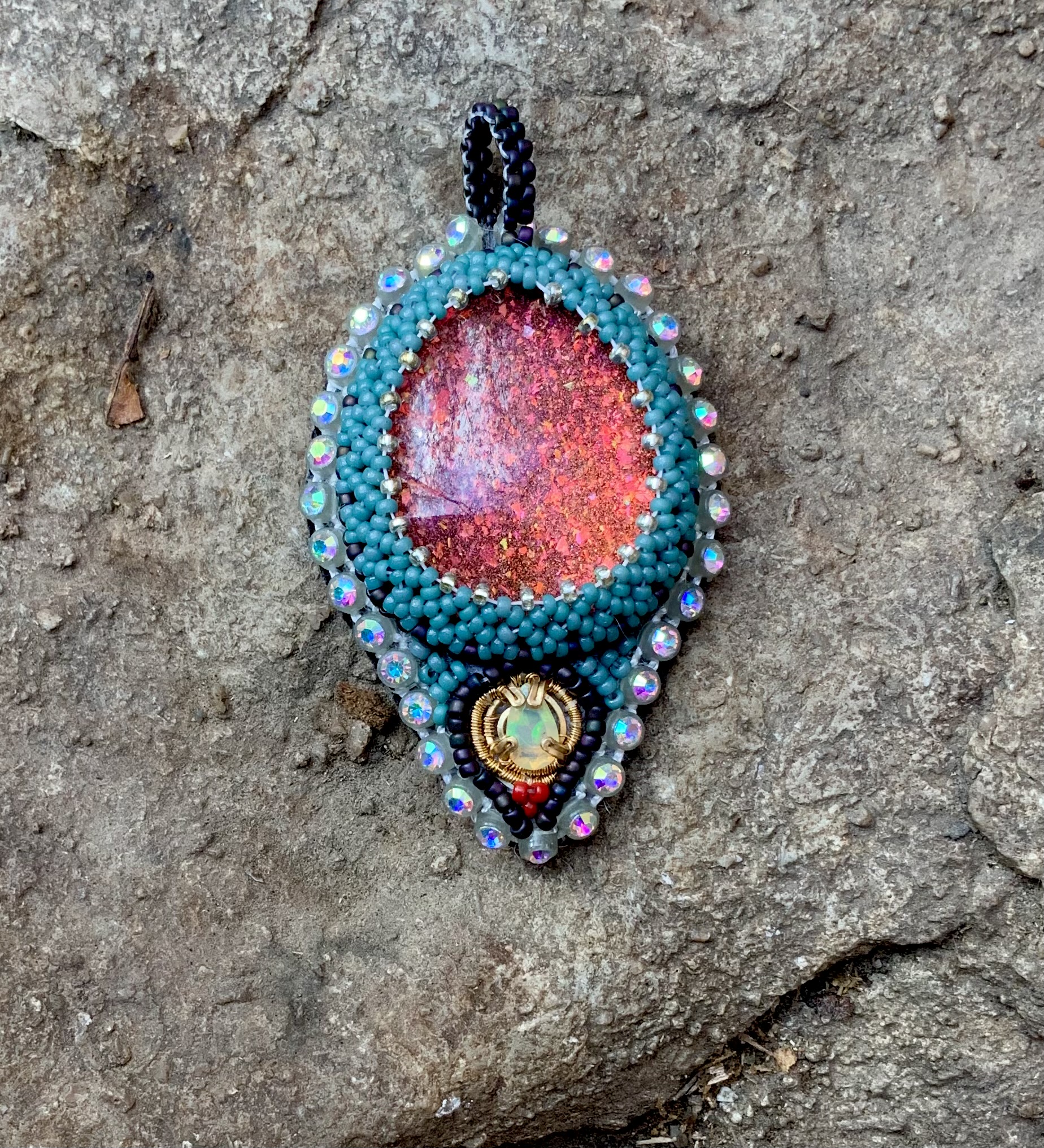 Fire sage glow in the dark beaded amulet with opal