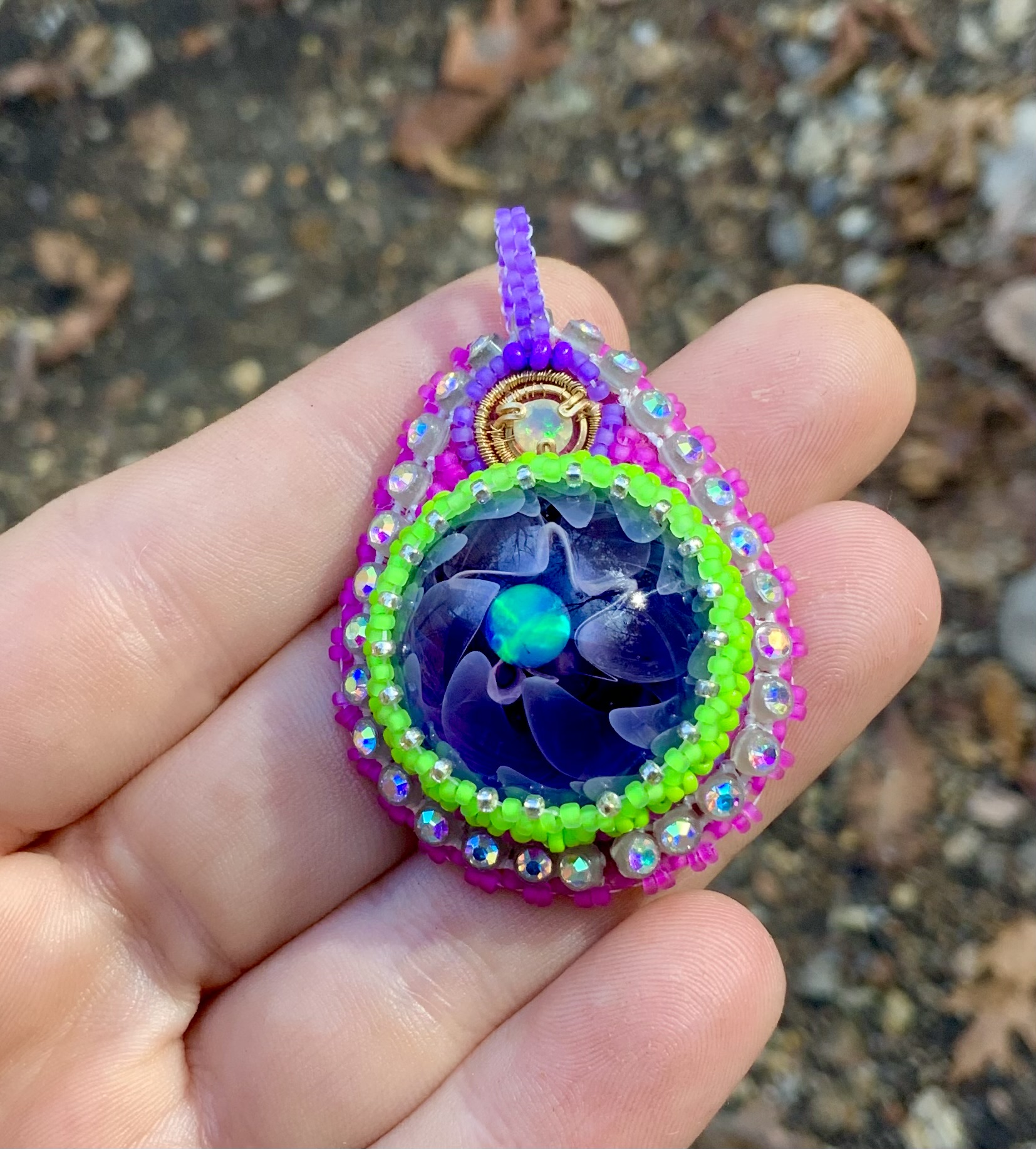 Double opal purple and green beaded pendant