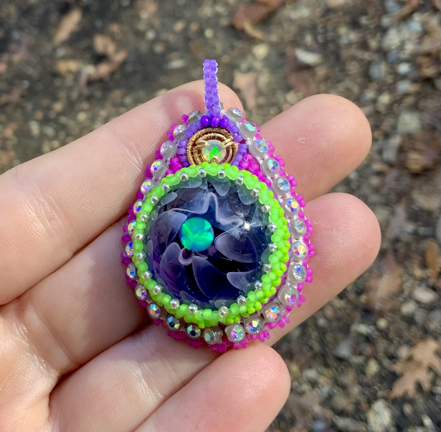 Double opal purple and green beaded pendant