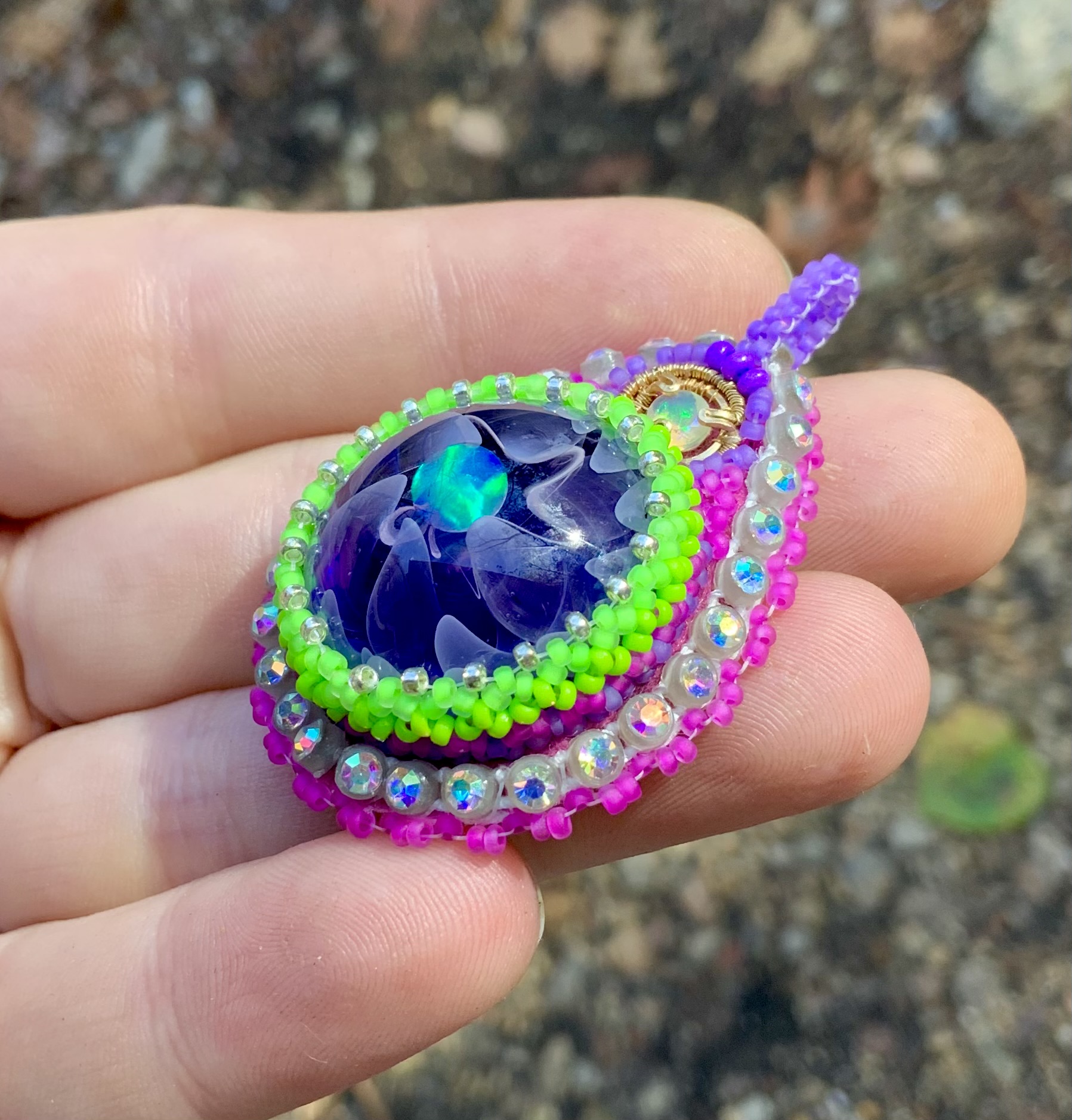 Double opal purple and green beaded pendant