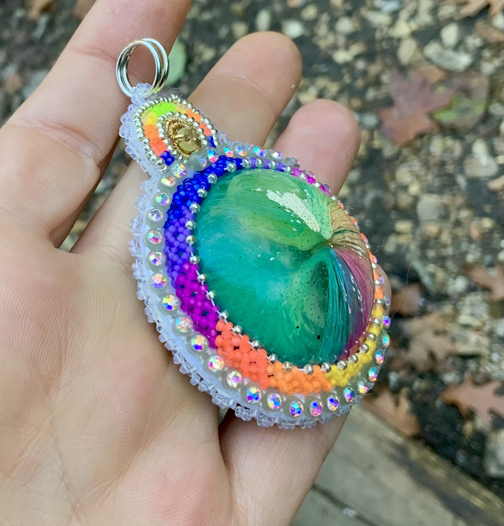Big rainbow beaded amulet