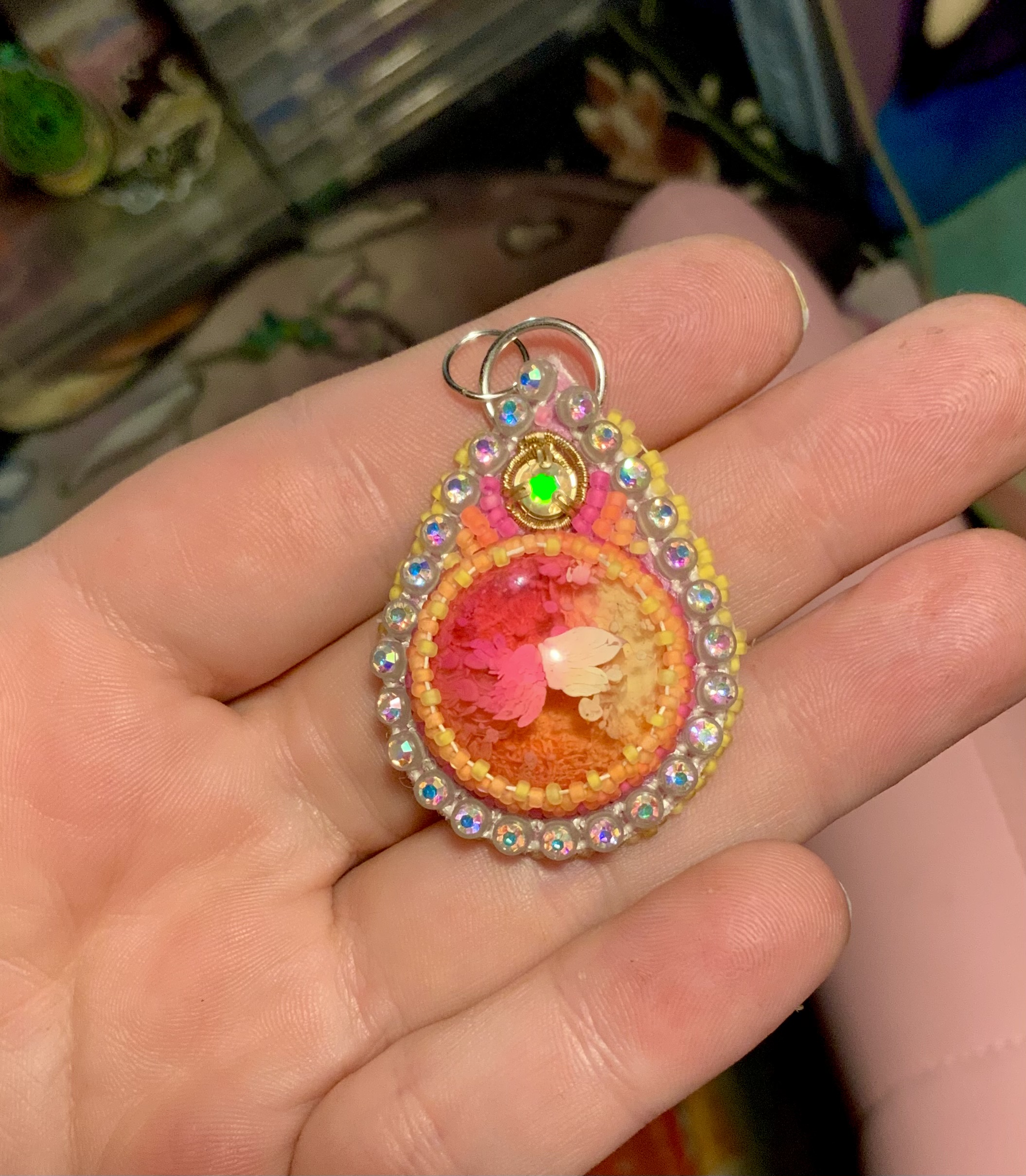 Sunshine candy blop beaded pendant with opal wire wrap