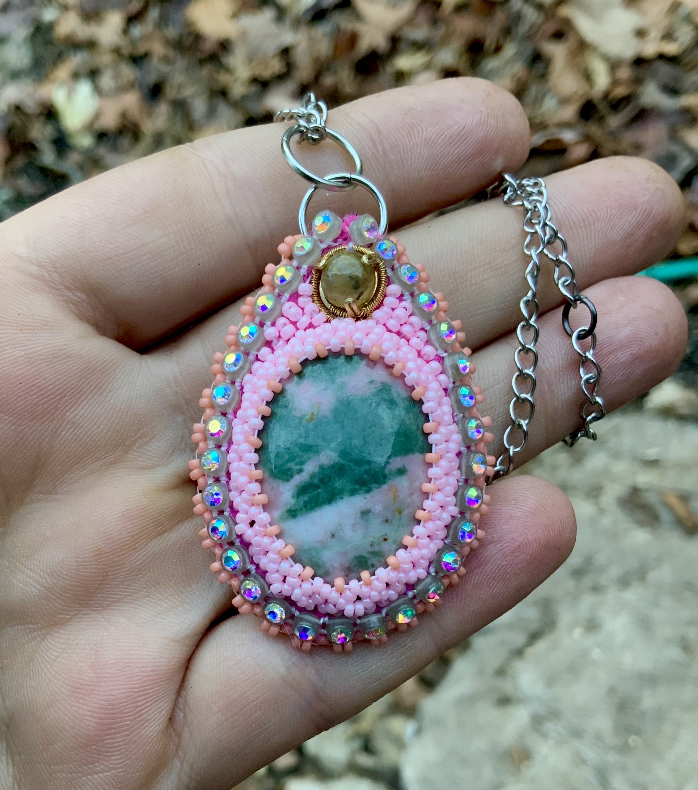 Pink glow beaded jade pendant with labradorite 