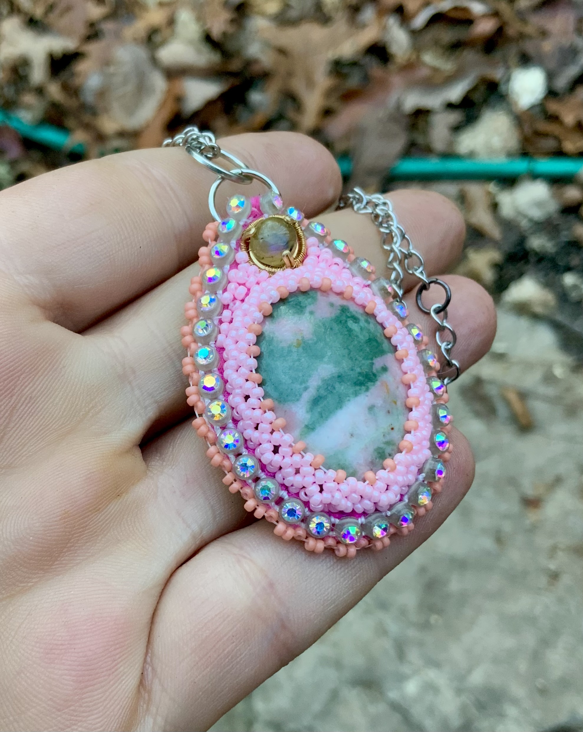 Pink glow beaded jade pendant with labradorite 