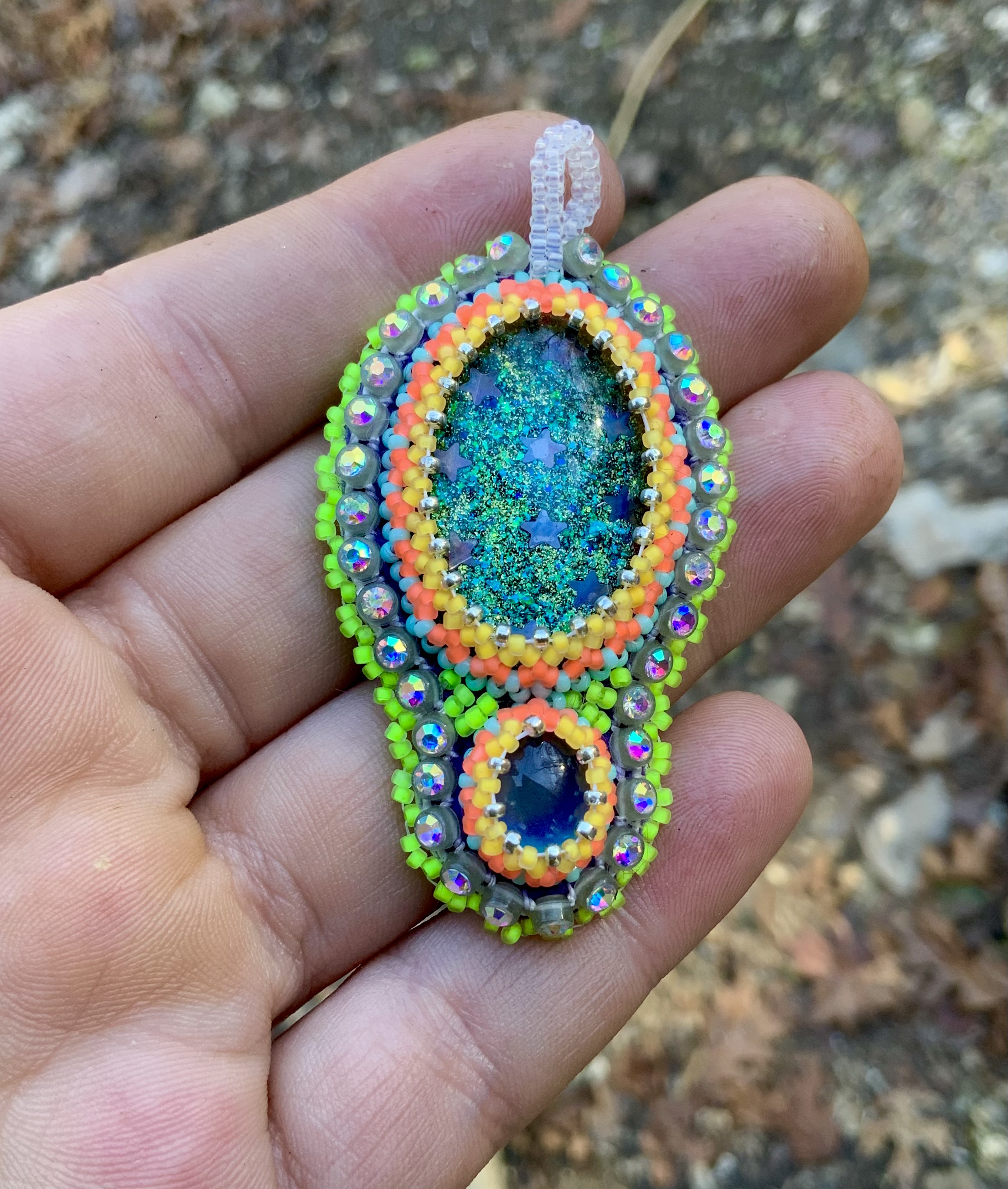 Holographic stars beaded color changey Blacklight reactive pendant