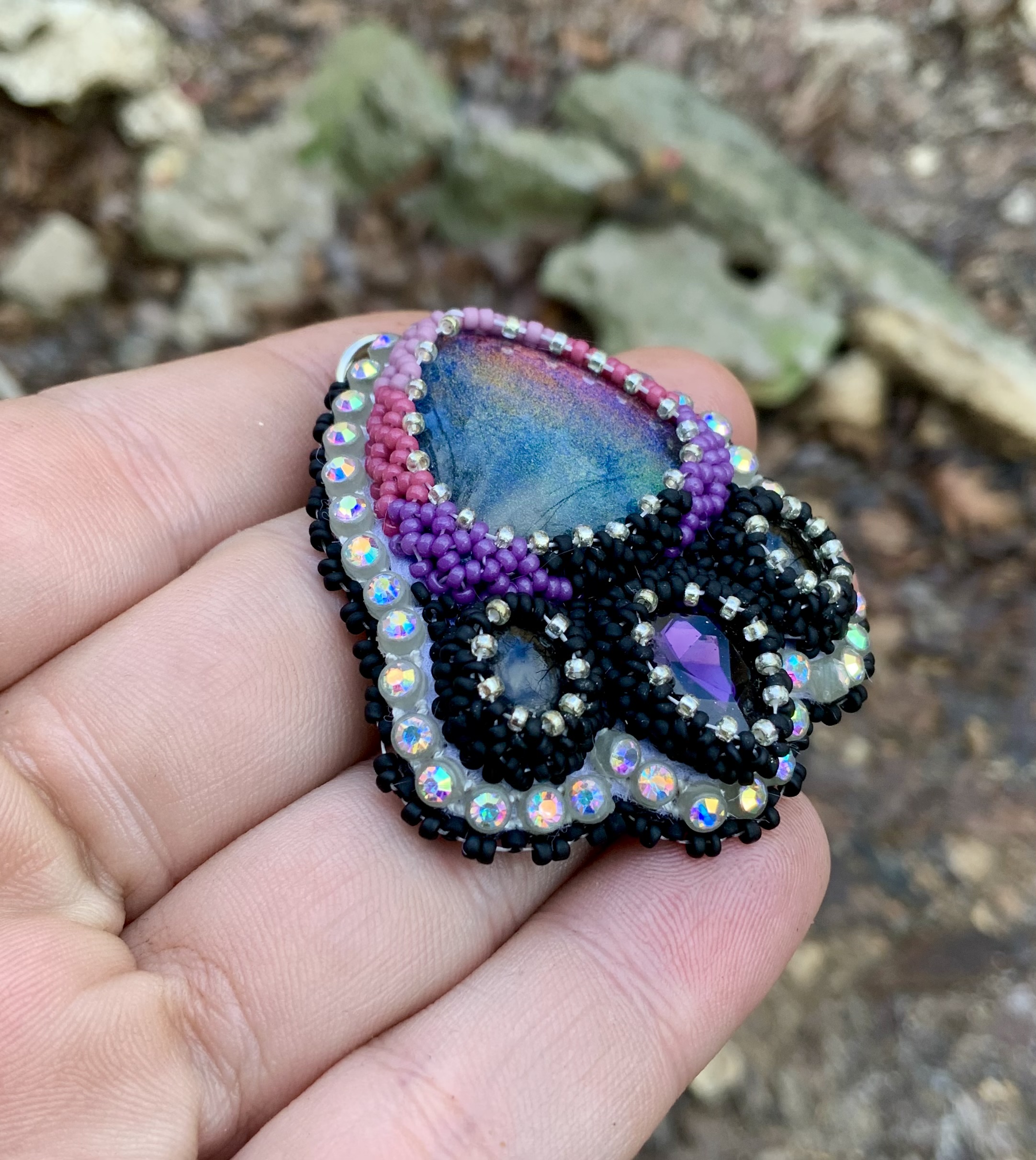 Gothic purples iridescent beaded pendant