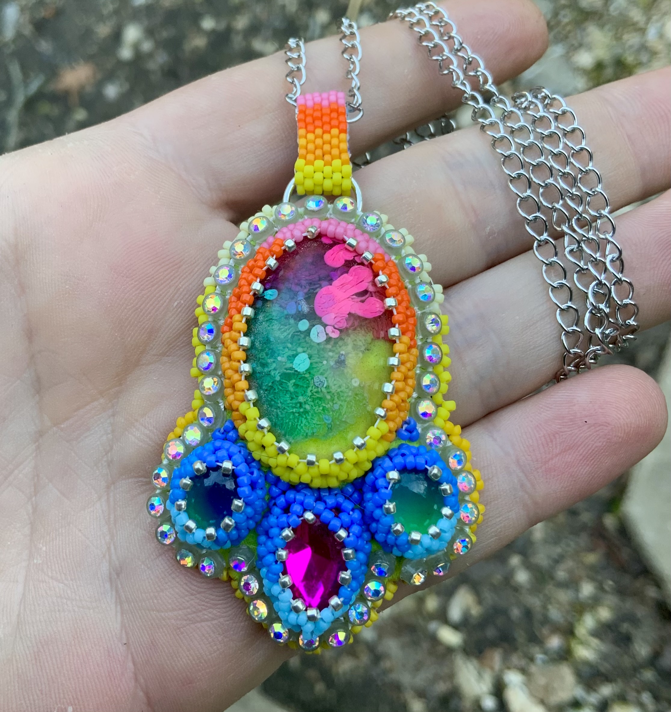 Rainbow gourd stitched color changey beaded spaceship pendant