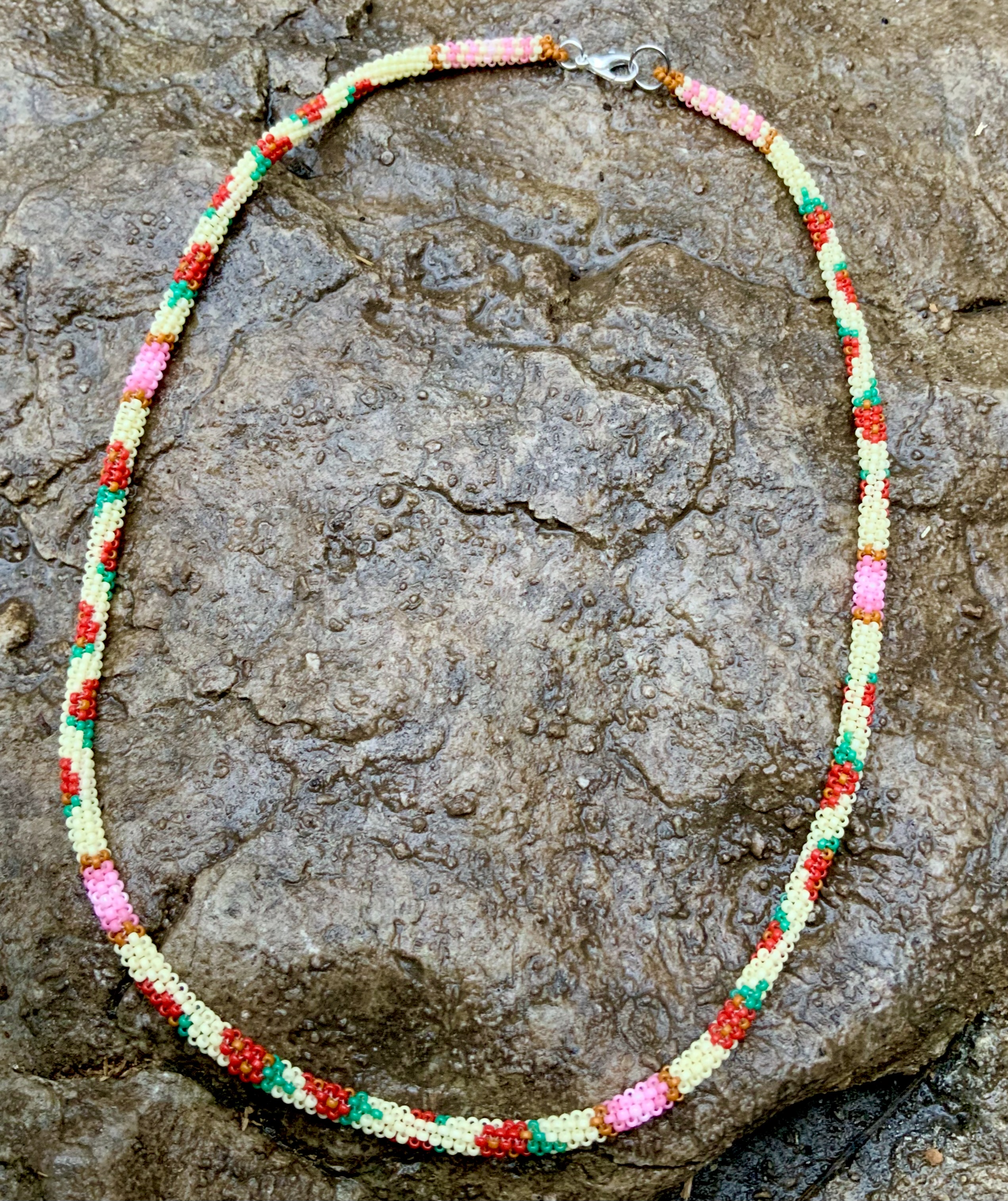 Strawberries and cream gourd stitched necklace 