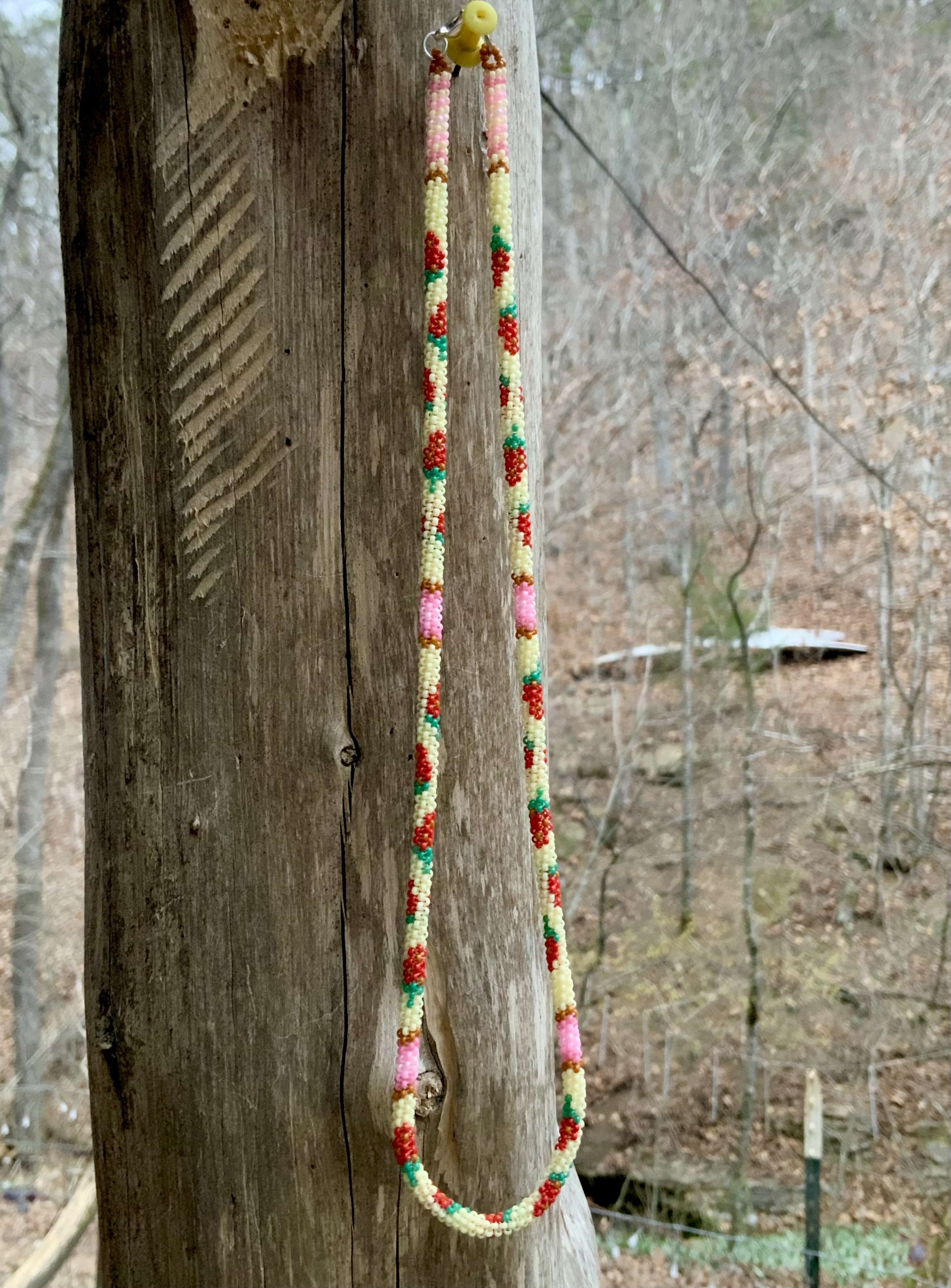 Strawberries and cream gourd stitched necklace 
