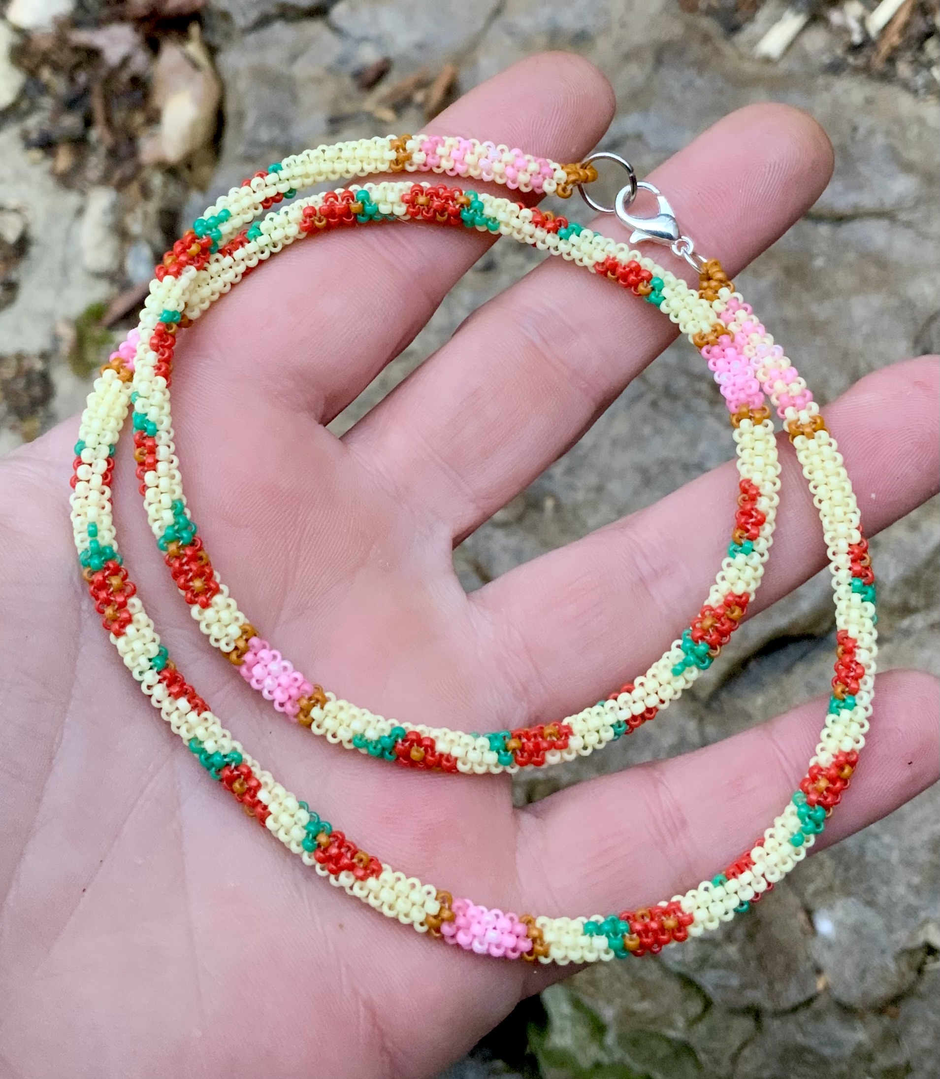 Strawberries and cream gourd stitched necklace 