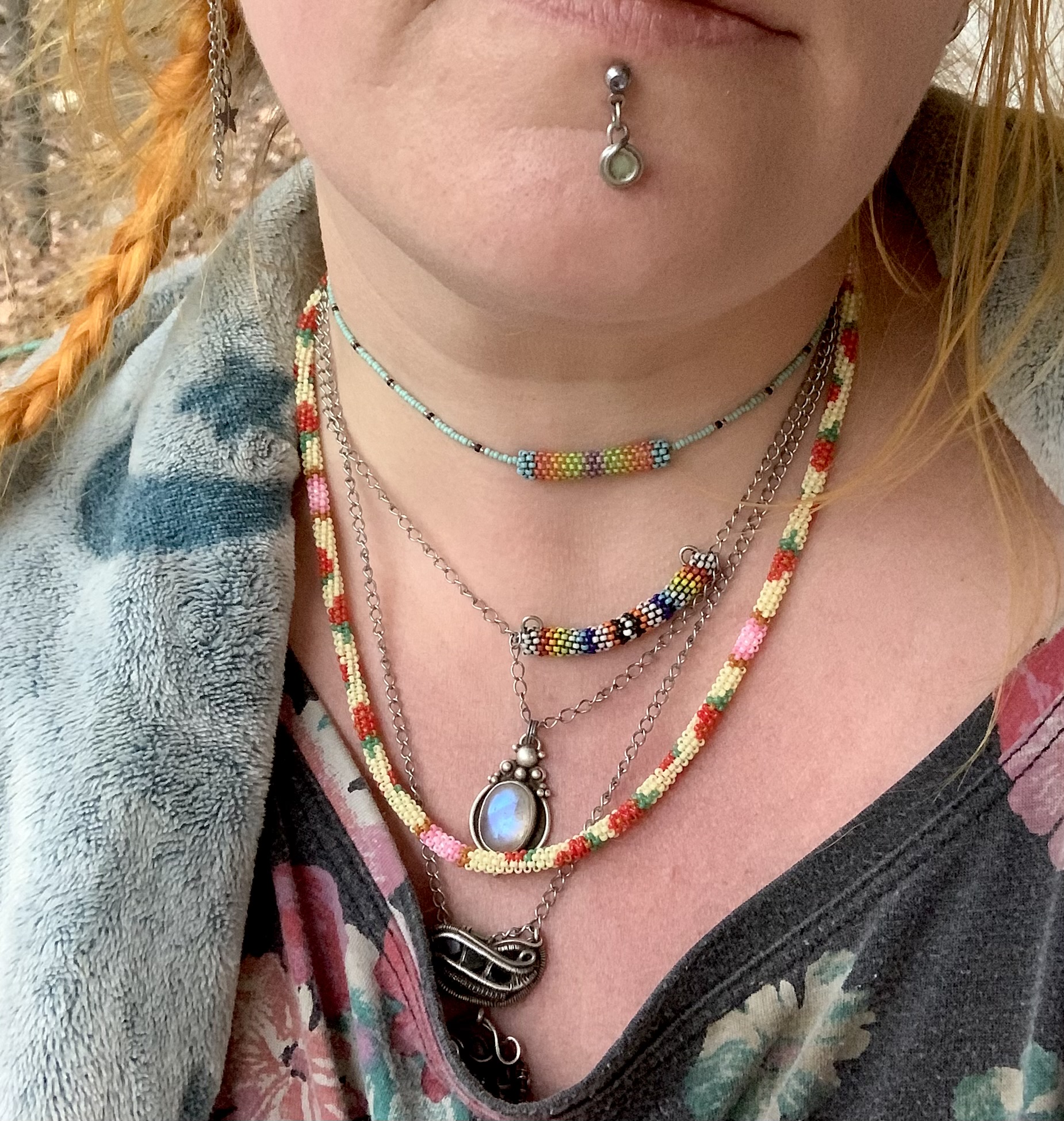 Strawberries and cream gourd stitched necklace 