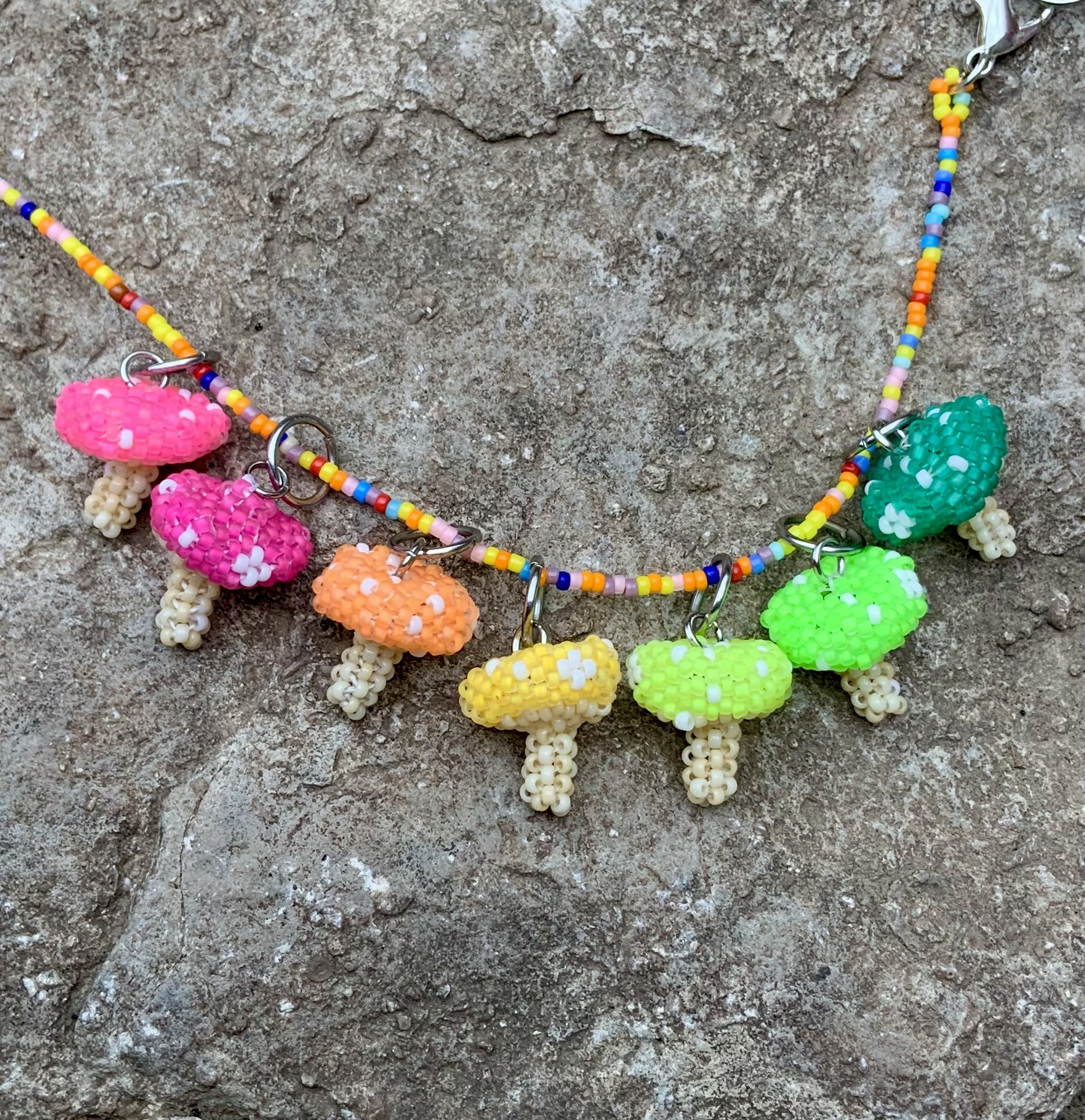 Neon beaded mushroom pendant