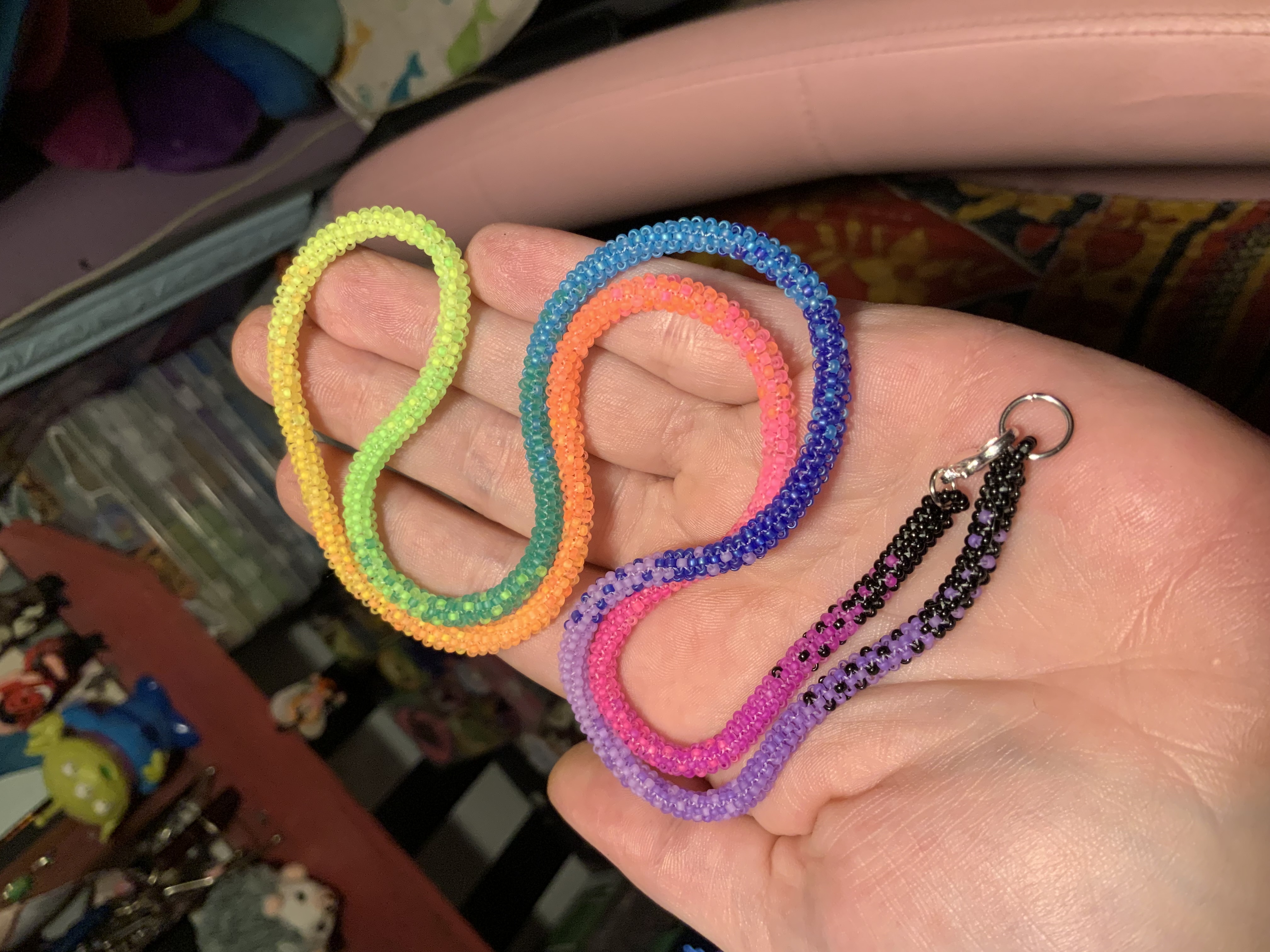 Long neon rainbow ombré gourd stitched necklace 