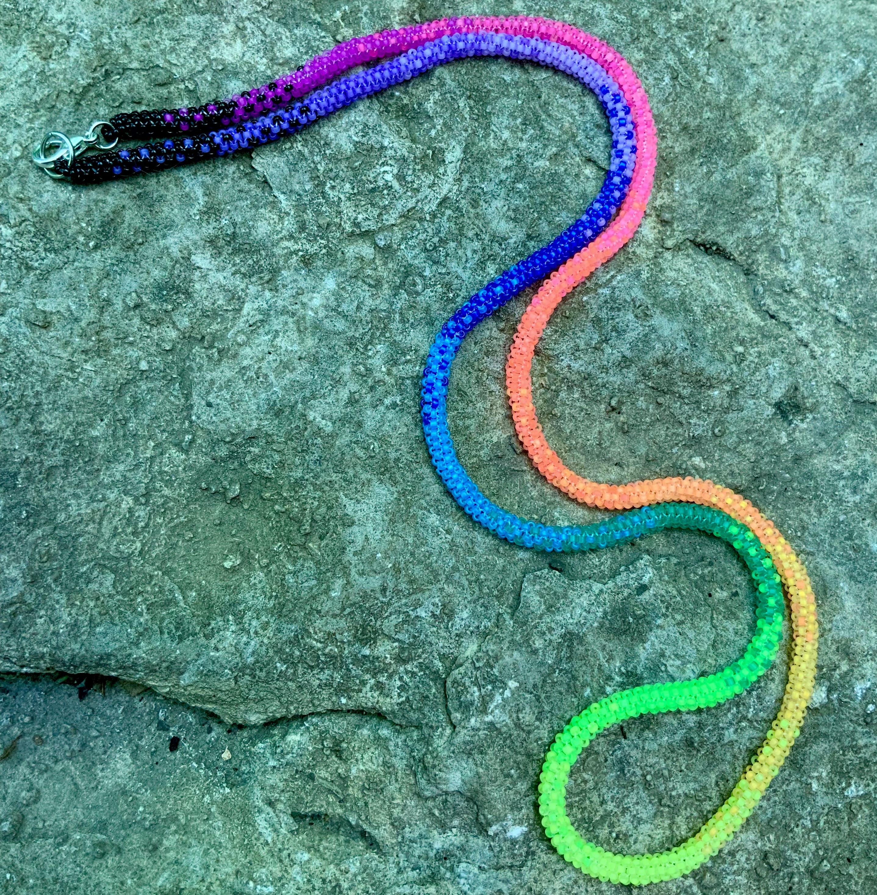Long neon rainbow ombré gourd stitched necklace 