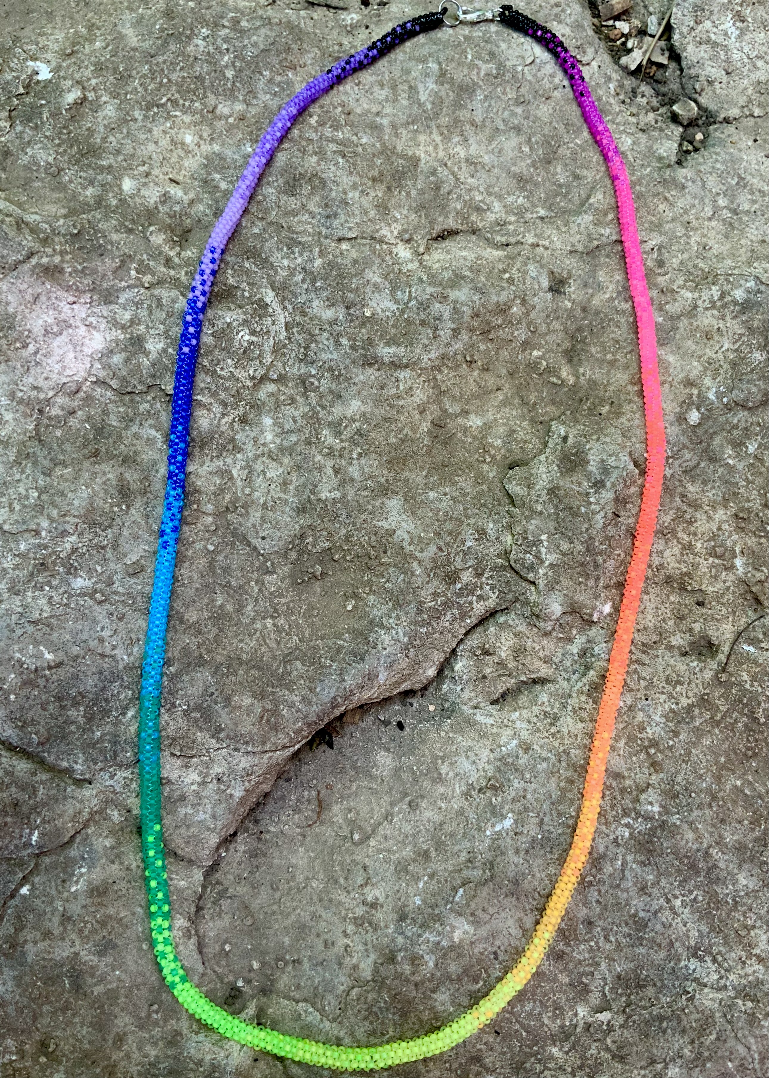 Long neon rainbow ombré gourd stitched necklace 
