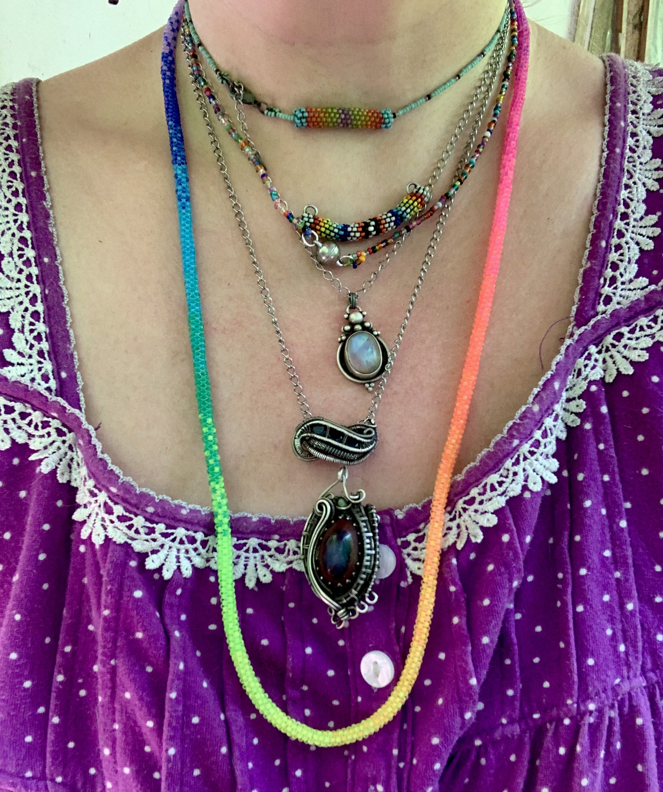 Long neon rainbow ombré gourd stitched necklace 