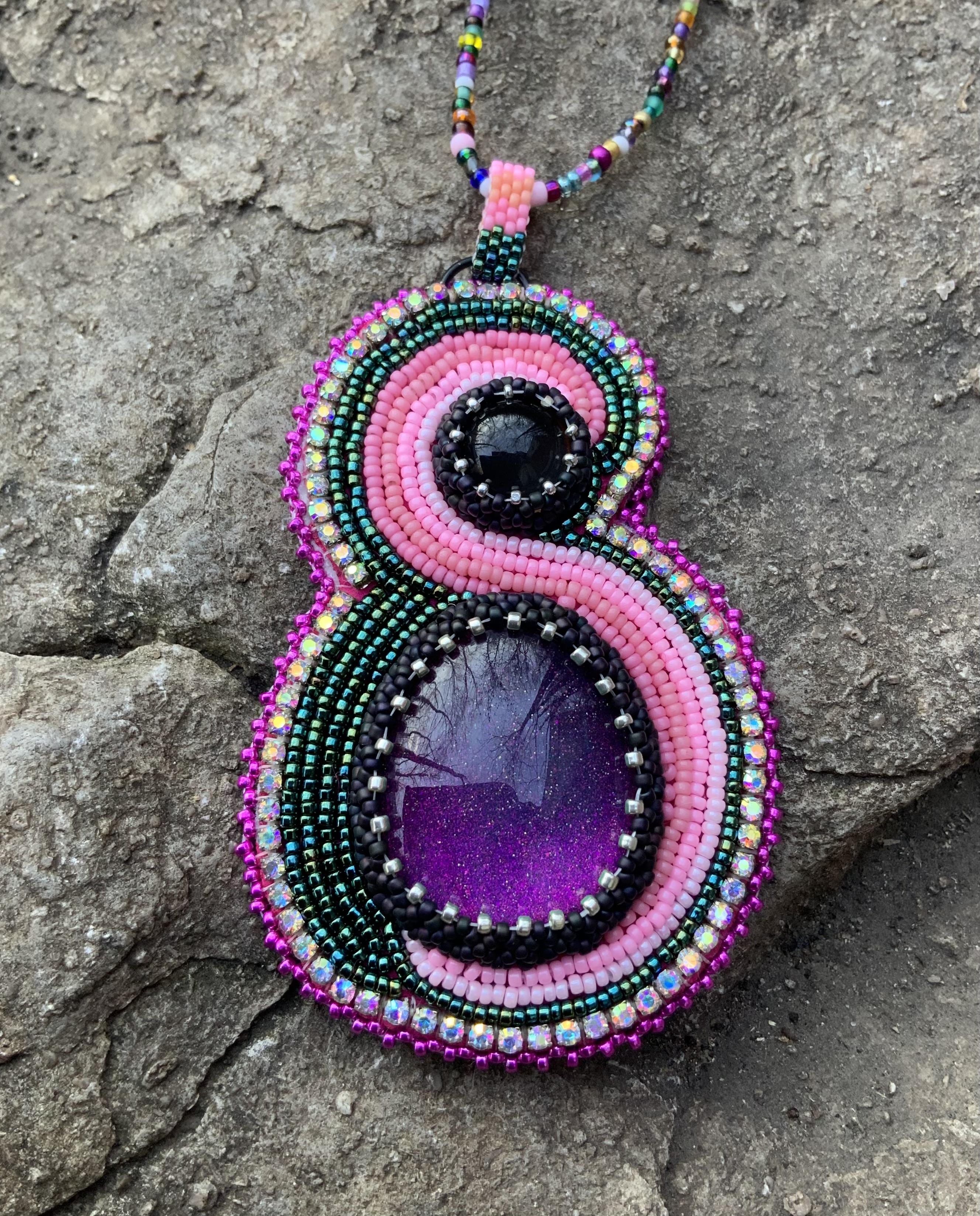 Purple swoop bead embroidered pendant