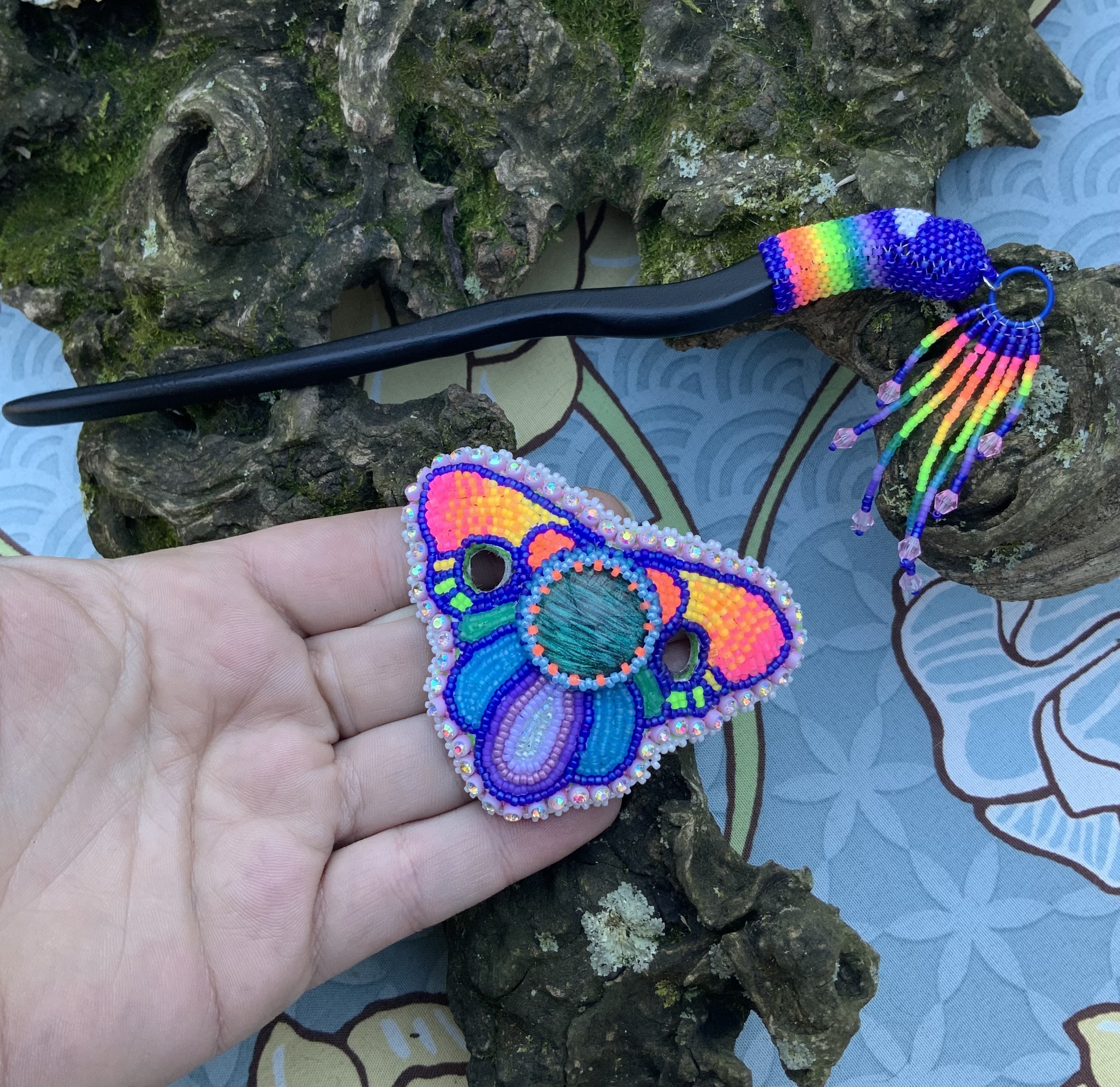 Beaded moth barrette with hair stick 