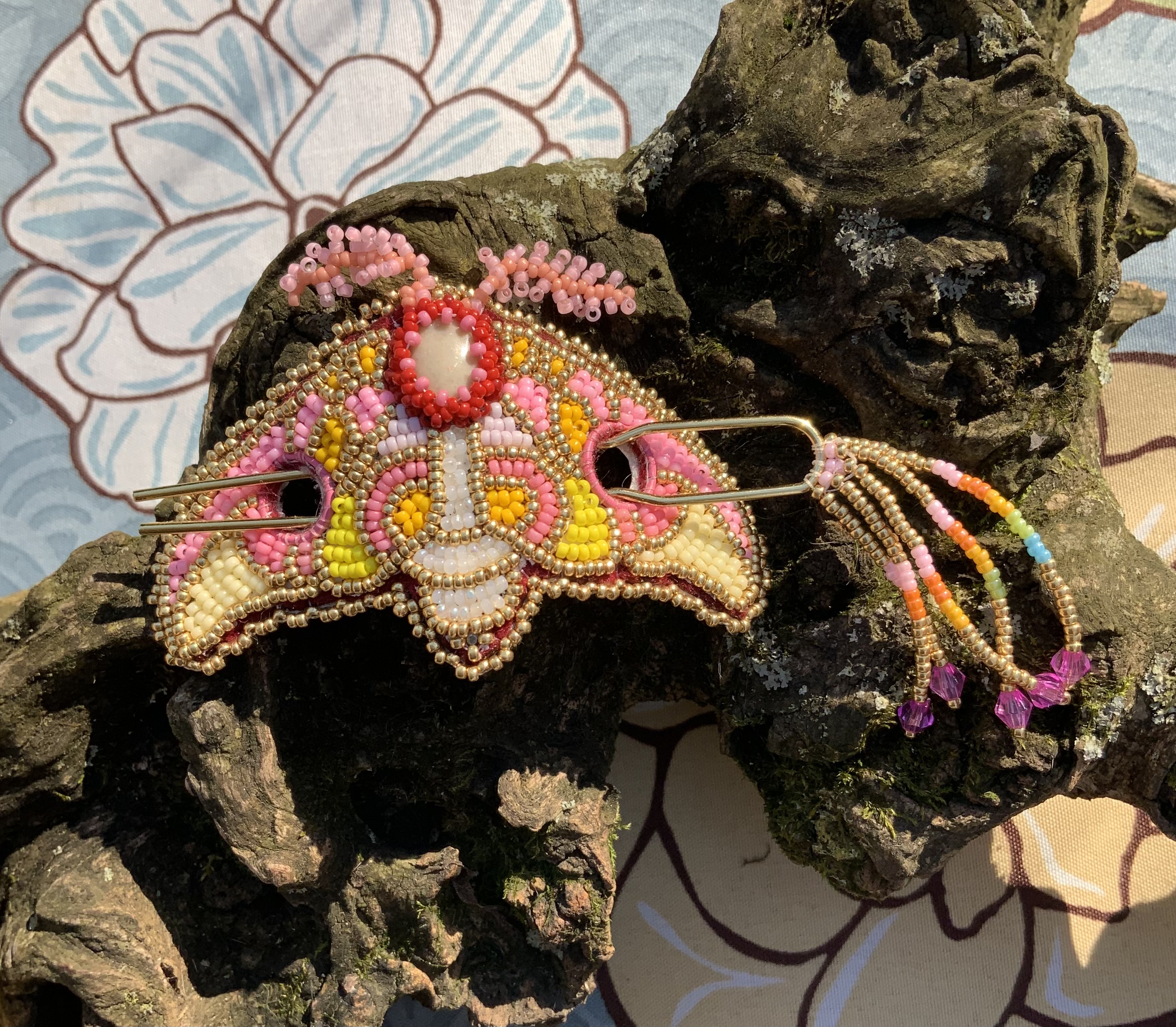 Strawberry moth beaded hair barrette 