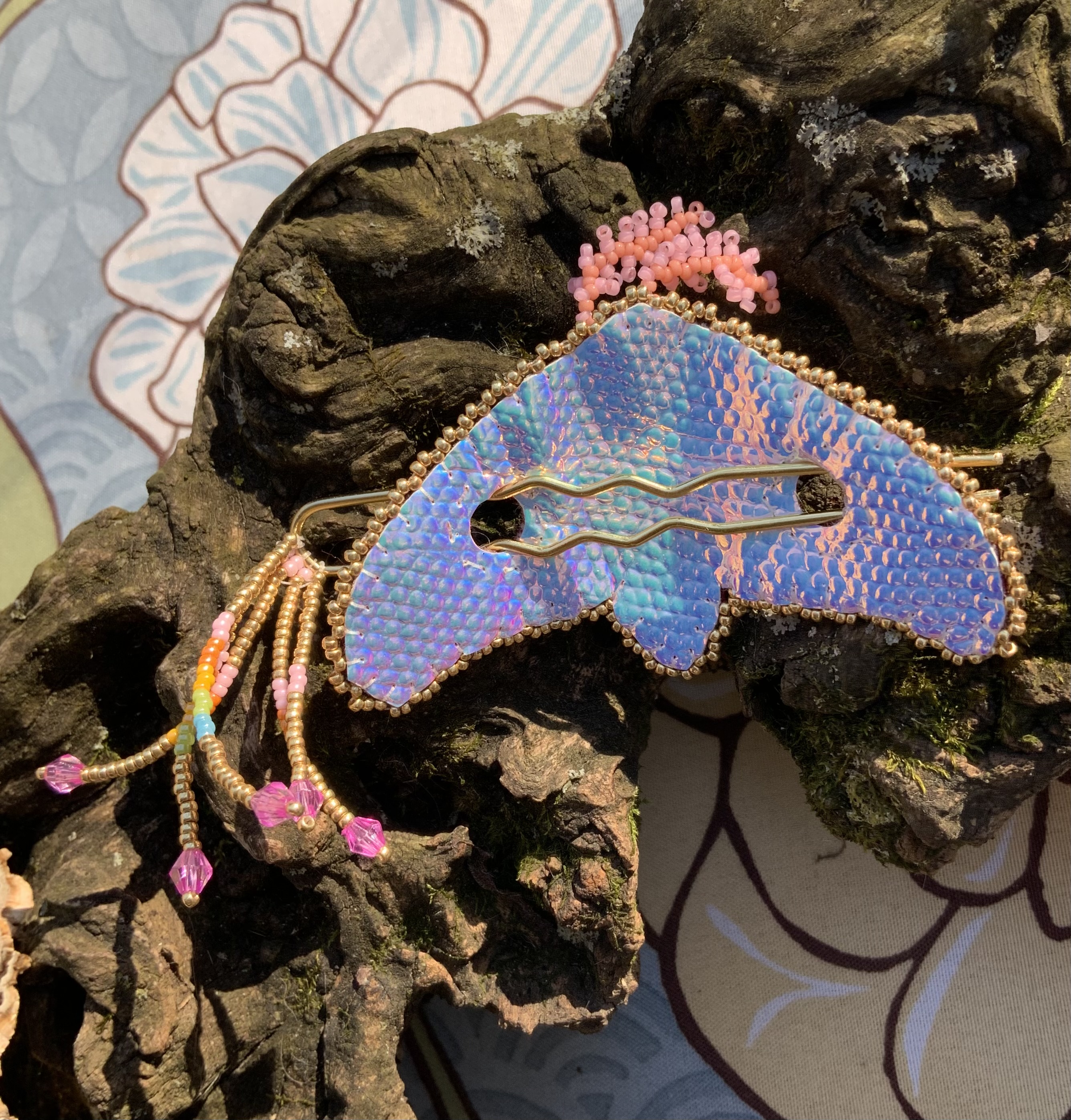 Strawberry moth beaded hair barrette 