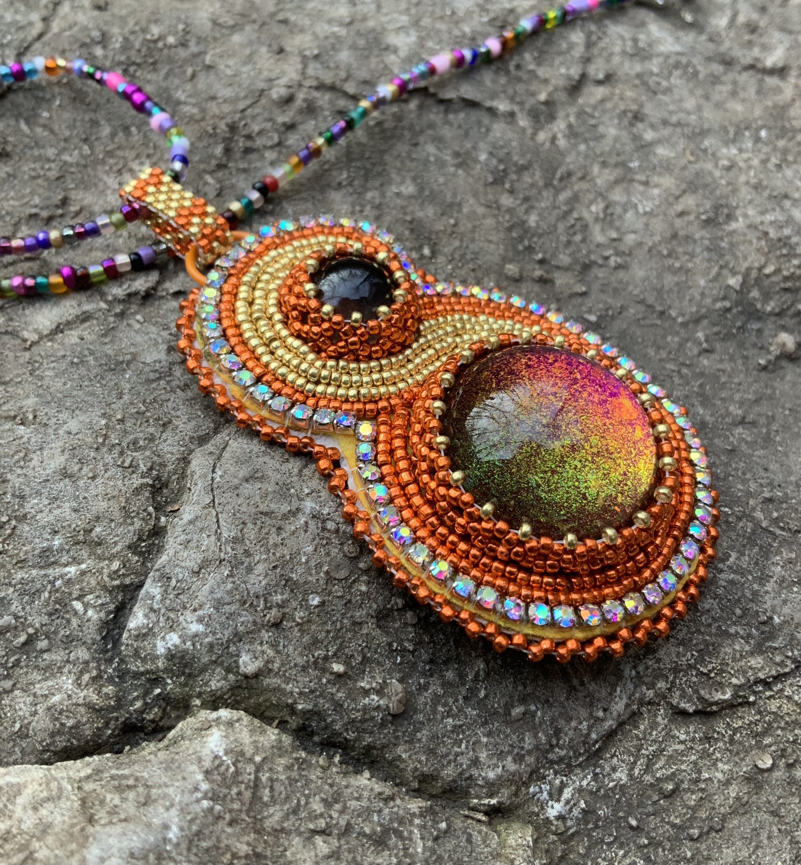 Fire swoop copper and gold bead embroidered pendant 