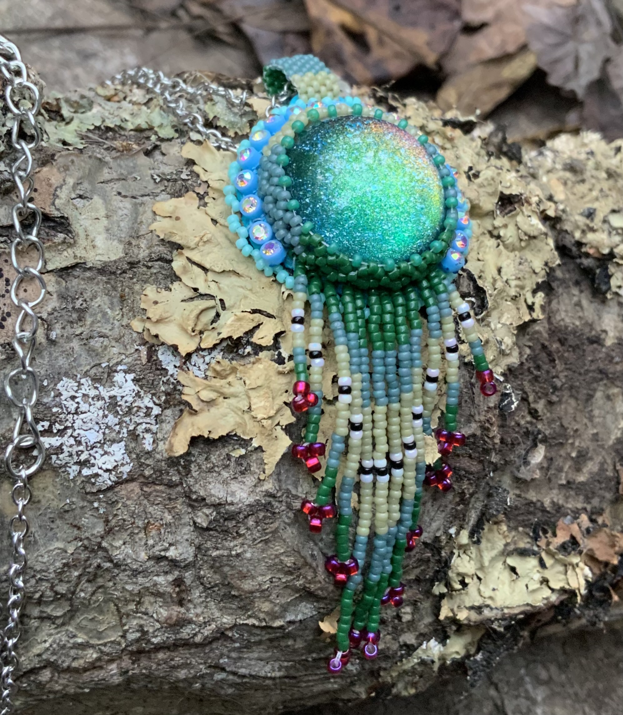 Layered mosslands beaded pendant 