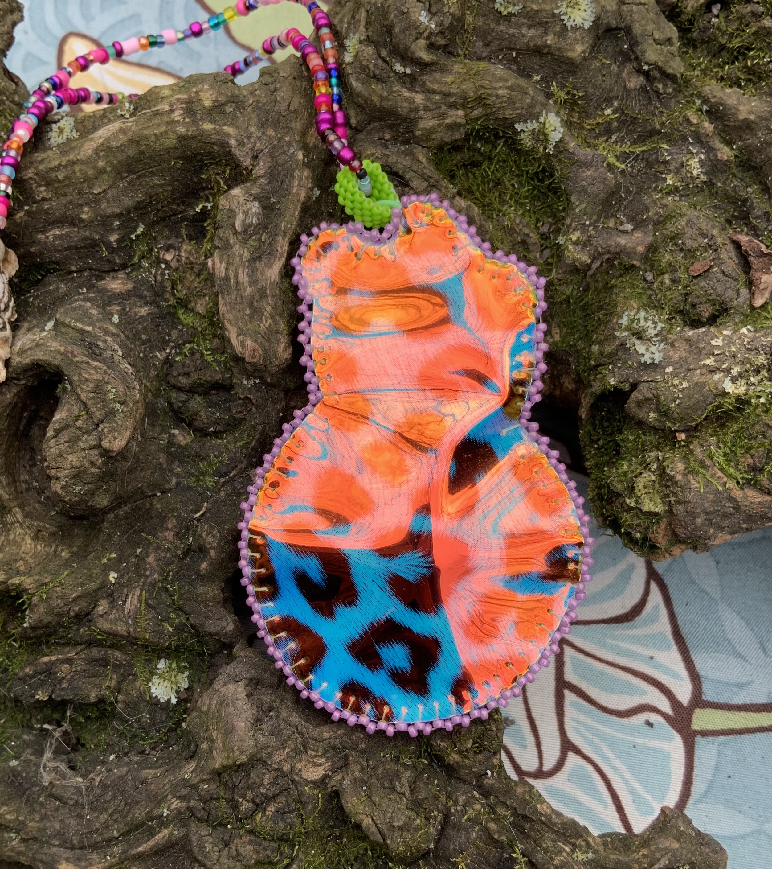 Night flower bead embroidered pendant 