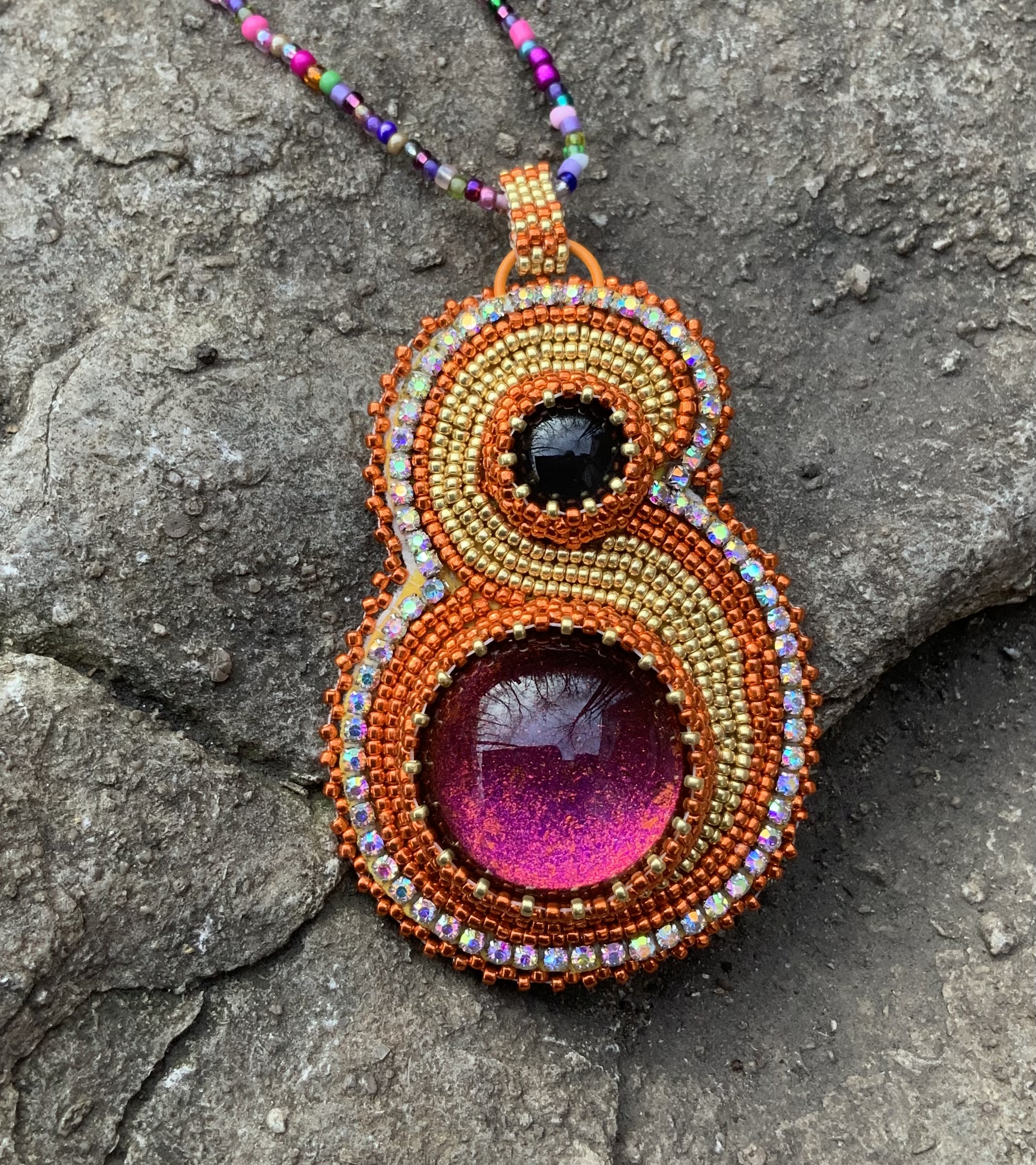 Fire swoop copper and gold bead embroidered pendant 