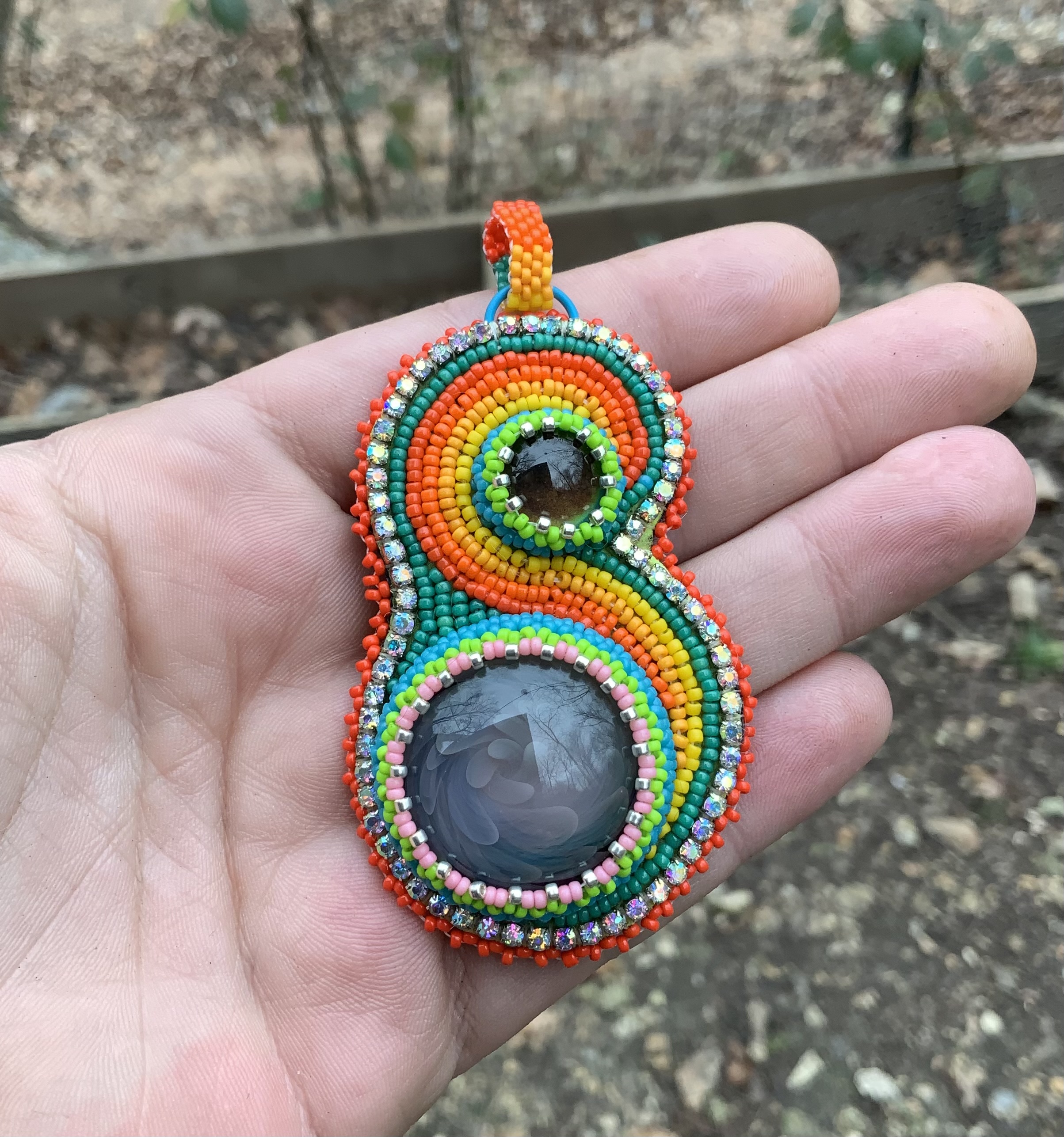 Sunslime bead embroidered pendant