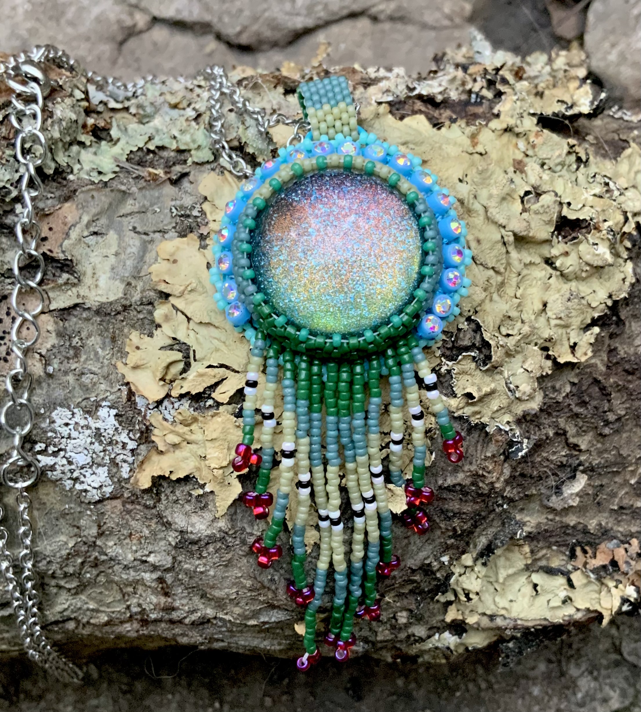 Layered mosslands beaded pendant