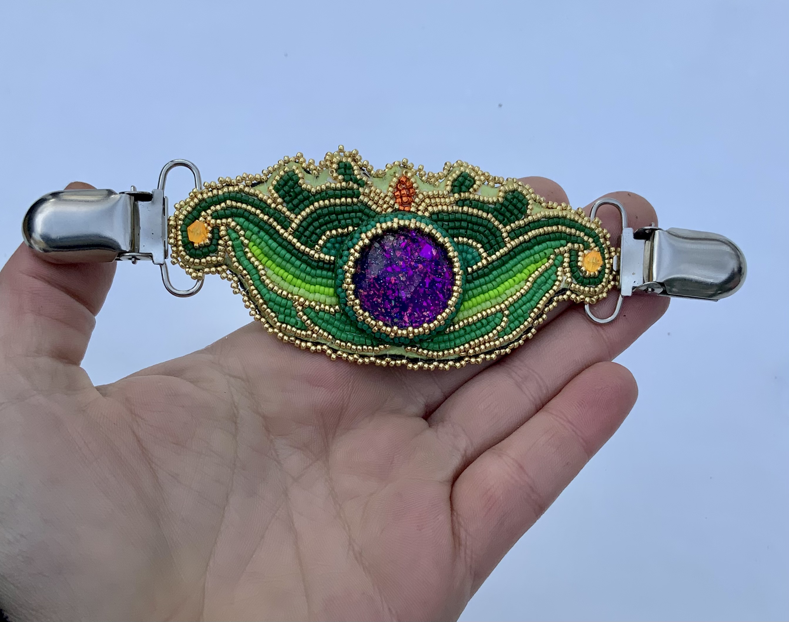 Green machine beaded cardigan clasp